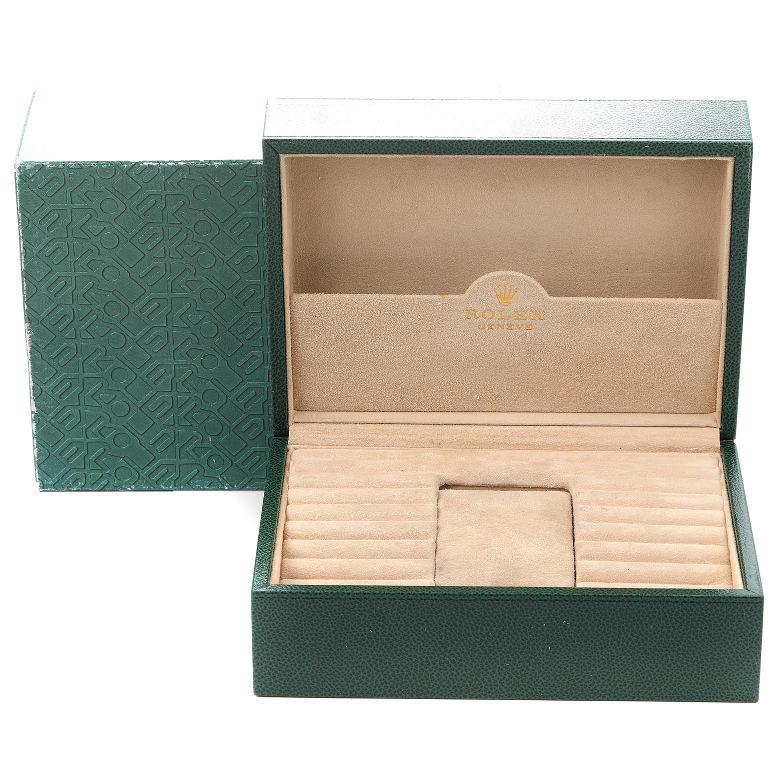 The image shows the open box of a Rolex President 18349 Men
s White Gold Champagne Dial 18349 Men
s White Gold Champagne Dial model, highlighting its interior design with a branded cushion and compartments.