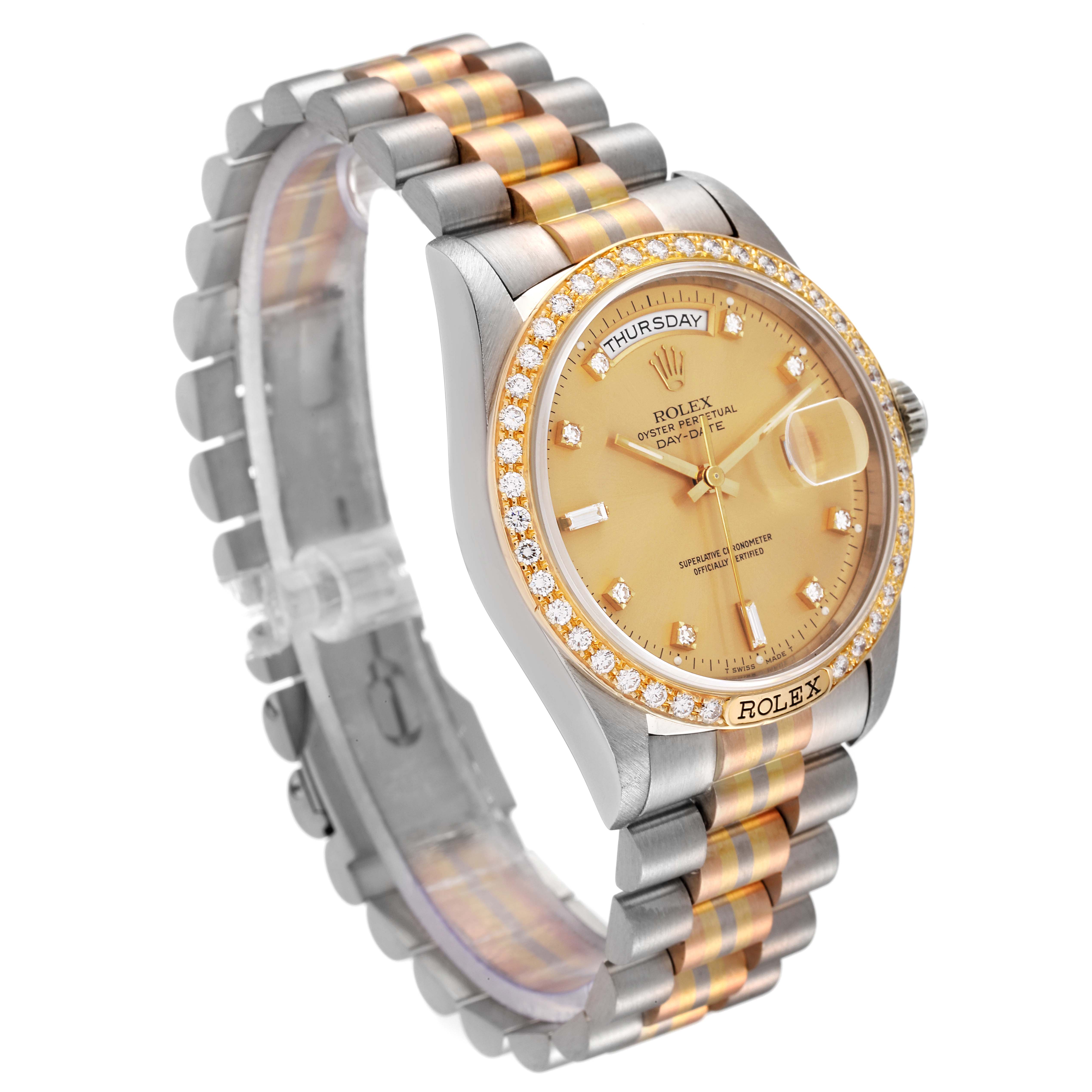 The Rolex President 18349 Men
s White Gold Champagne Dial 18349 Men
s White Gold Champagne Dial watch is shown from an angled side view, displaying the dial, bezel, and part of the bracelet.