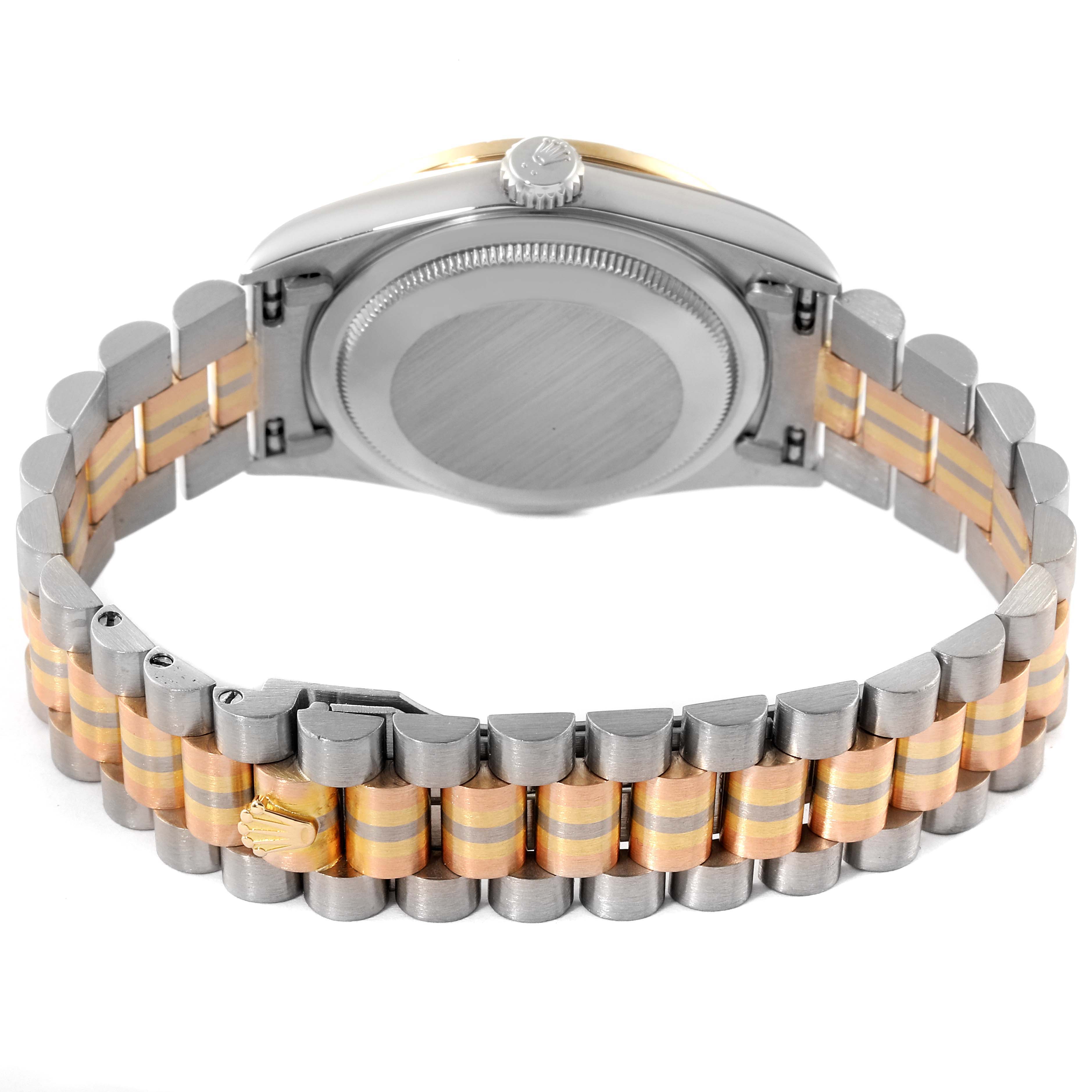 The image shows the back and bracelet of a Rolex President 18349 Men
s White Gold Champagne Dial 18349 Men
s White Gold Champagne Dial model, highlighting the clasp and links.