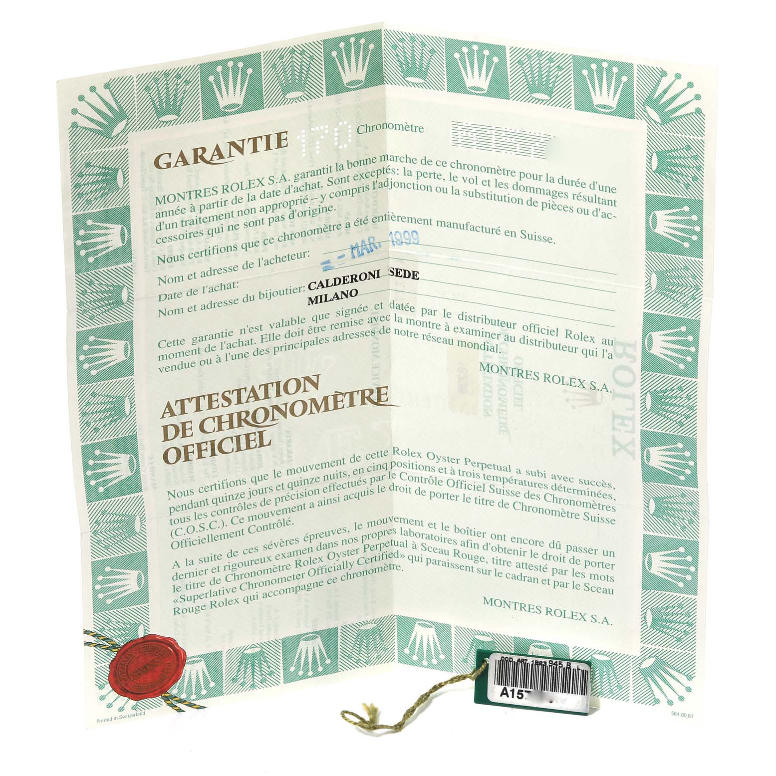 The image shows the warranty and official chronometer certification paperwork for the Rolex President 18239A Men
s White Gold Blue Dial 18239A Men
s White Gold Blue Dial model watch.