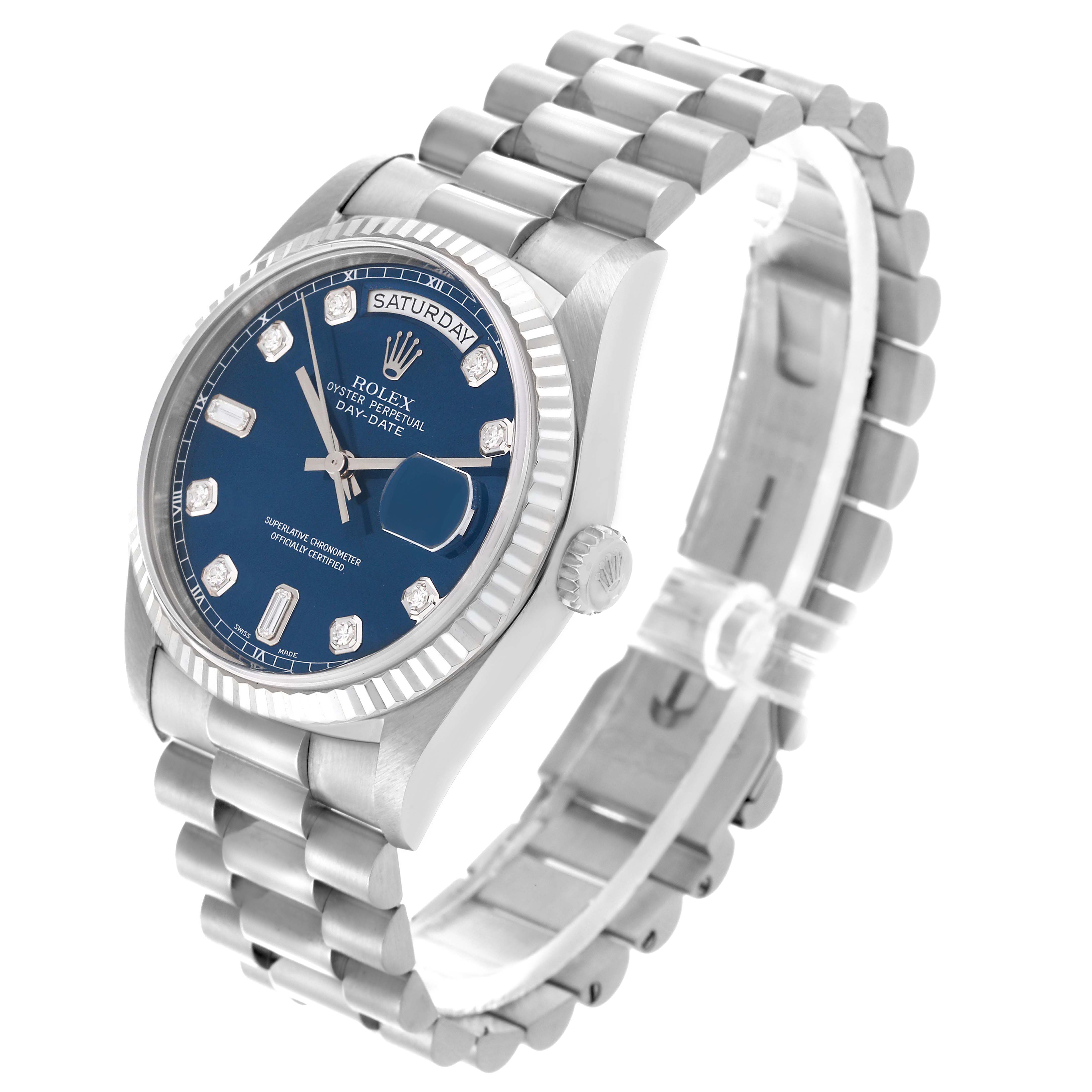 The Rolex President 18239A Men
s White Gold Blue Dial 18239A Men
s White Gold Blue Dial model watch is shown at an angled view, displaying the dial, bezel, and bracelet.