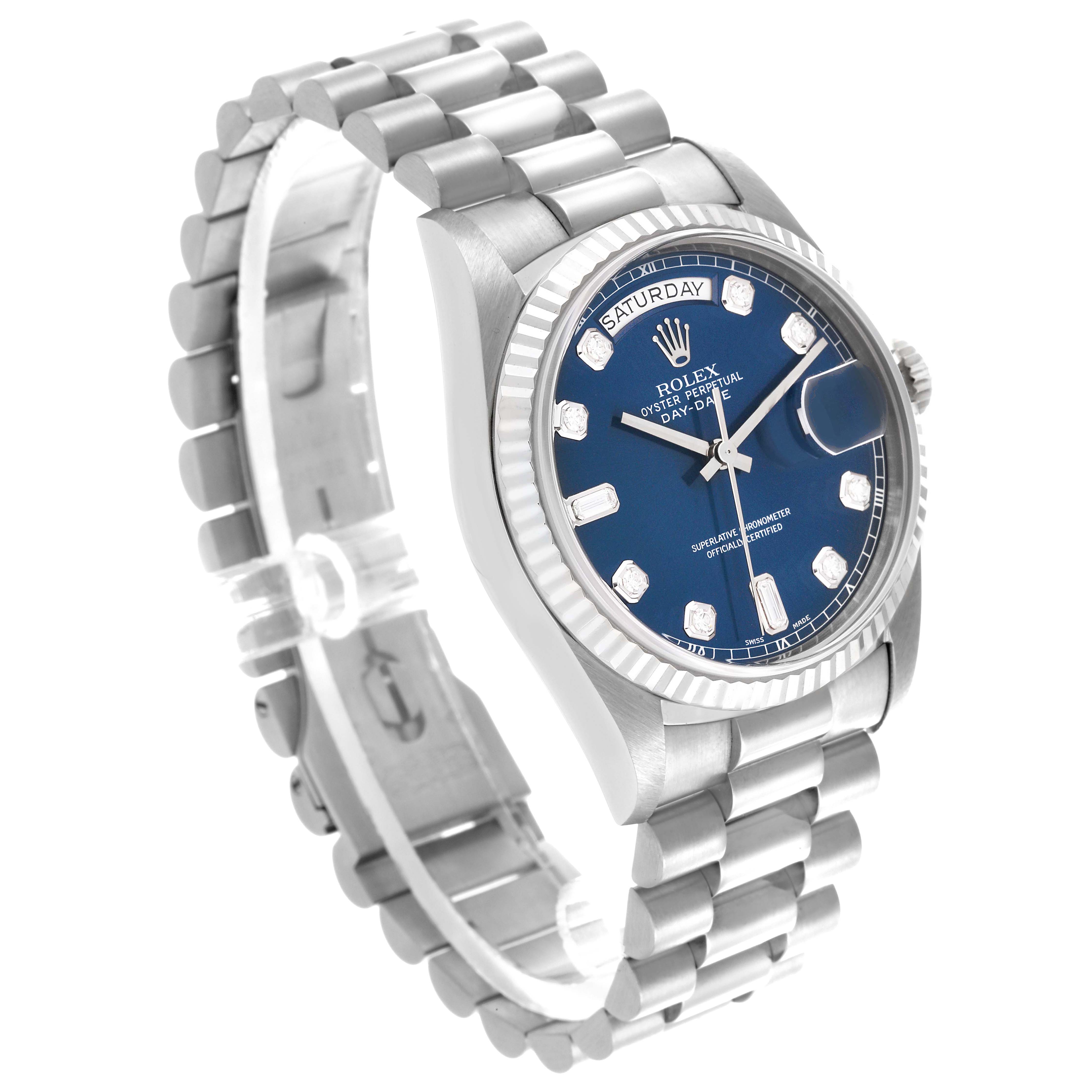 The Rolex President 18239A Men
s White Gold Blue Dial 18239A Men
s White Gold Blue Dial model is shown at a slight angle displaying the face, crown, and bracelet.