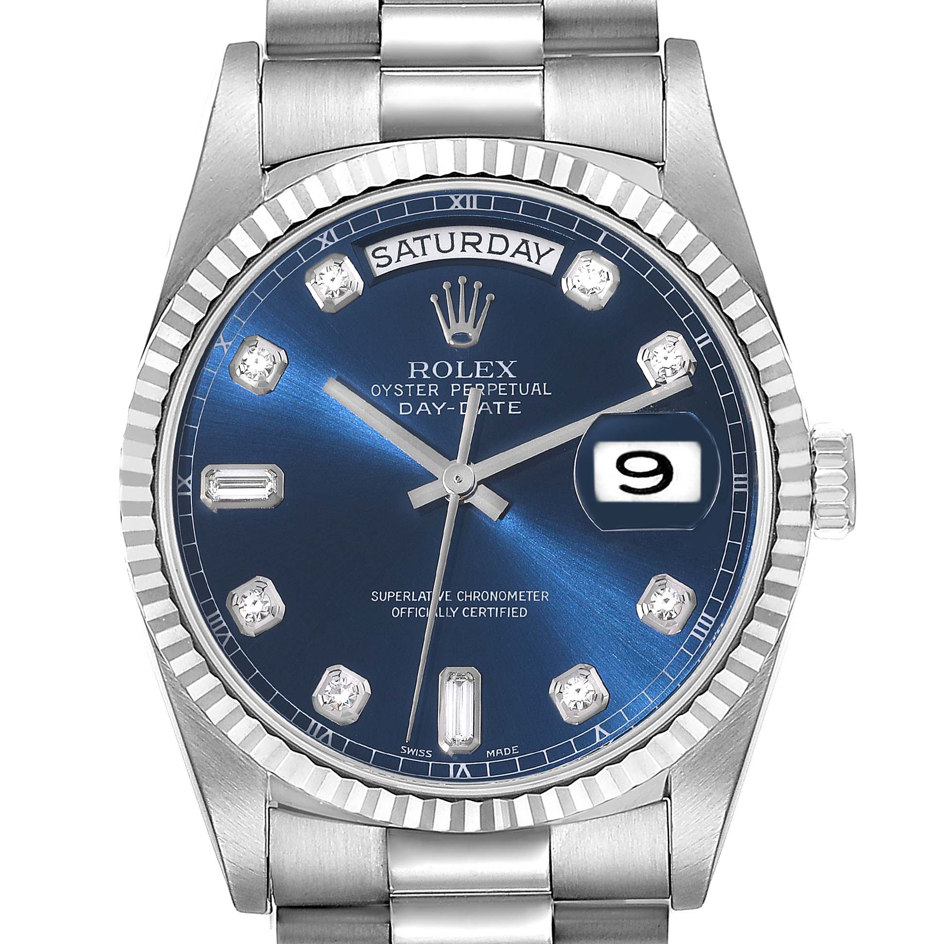 This image shows a front view of the Rolex President 18239A Men
s White Gold Blue Dial 18239A Men
s White Gold Blue Dial model watch, highlighting the blue dial, day and date windows, and bracelet.