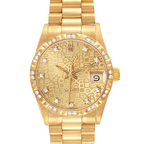 The Rolex President watch is shown from the front, featuring its gold bracelet, diamond-studded bezel, and patterned dial.