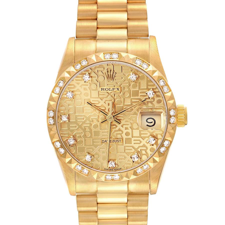 The Rolex President model watch is shown from a front angle, displaying the dial, diamond markers, bezel, and bracelet.