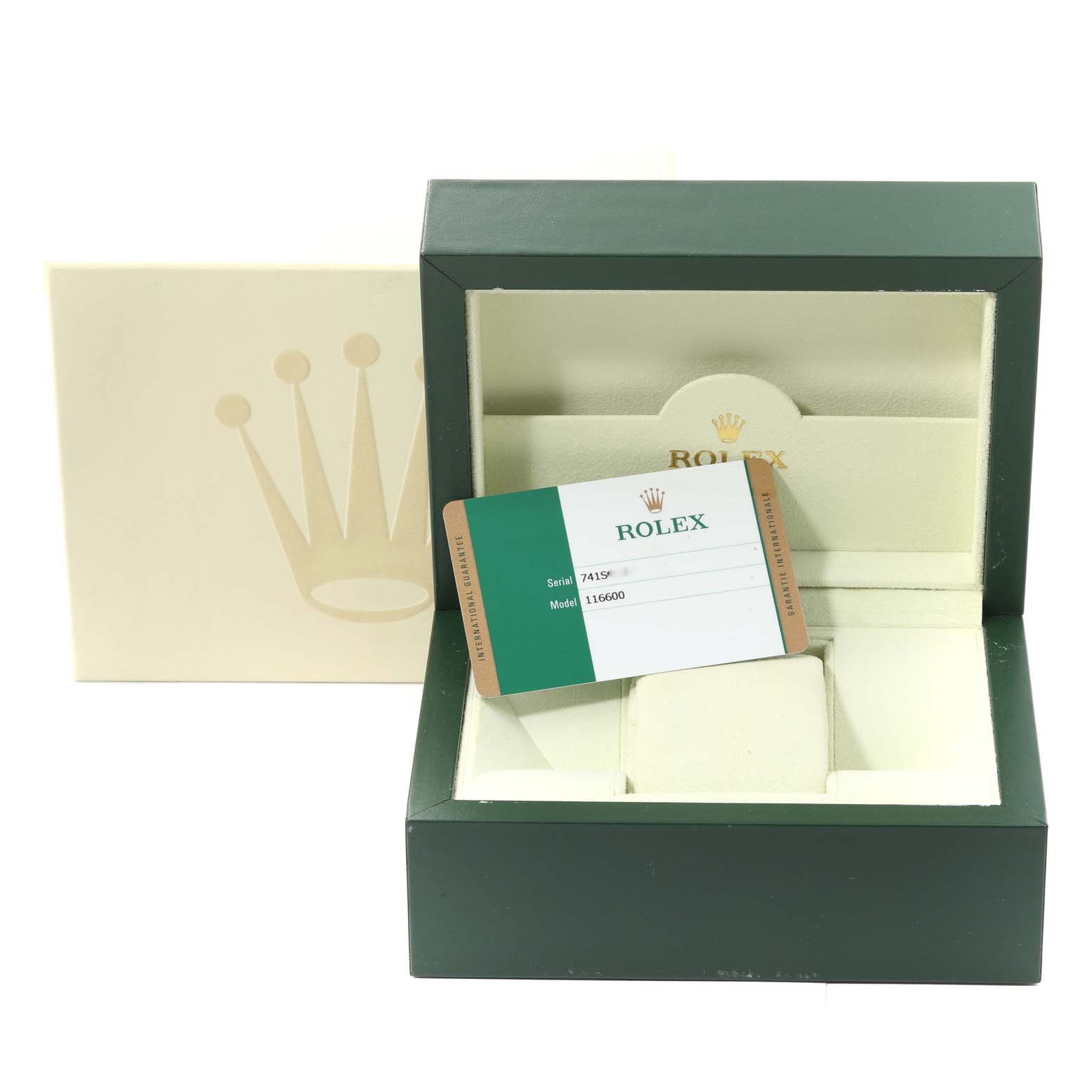 The image shows an open Rolex Sea-Dweller 116600 Men's Stainless Steel Black Dial 116600 Men's Stainless Steel Black Dial watch box with an authenticity card and an outer box.