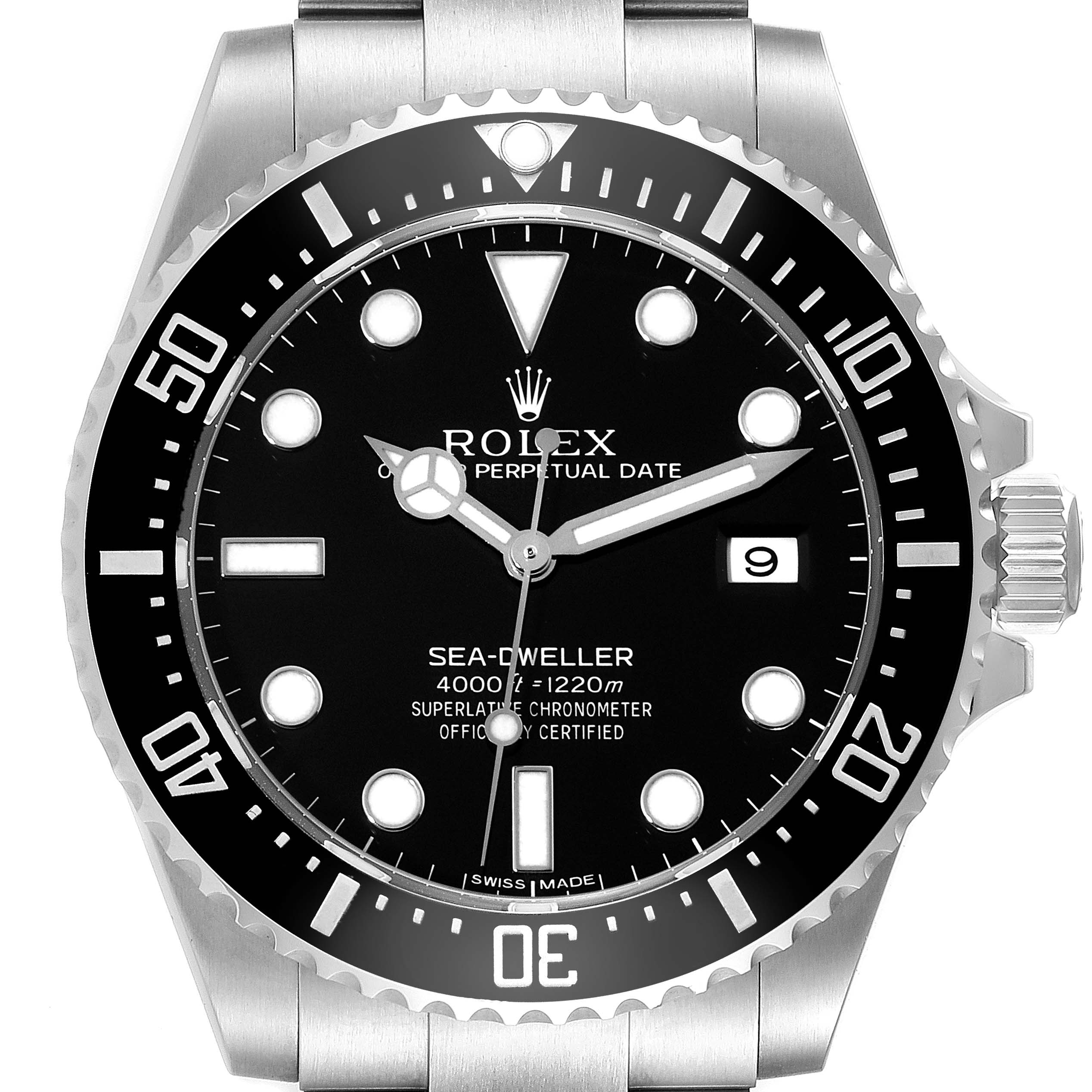 This is a frontal view of the Rolex Sea-Dweller 116600 Men's Stainless Steel Black Dial 116600 Men's Stainless Steel Black Dial watch, showcasing the dial, bezel, and part of the watch band.