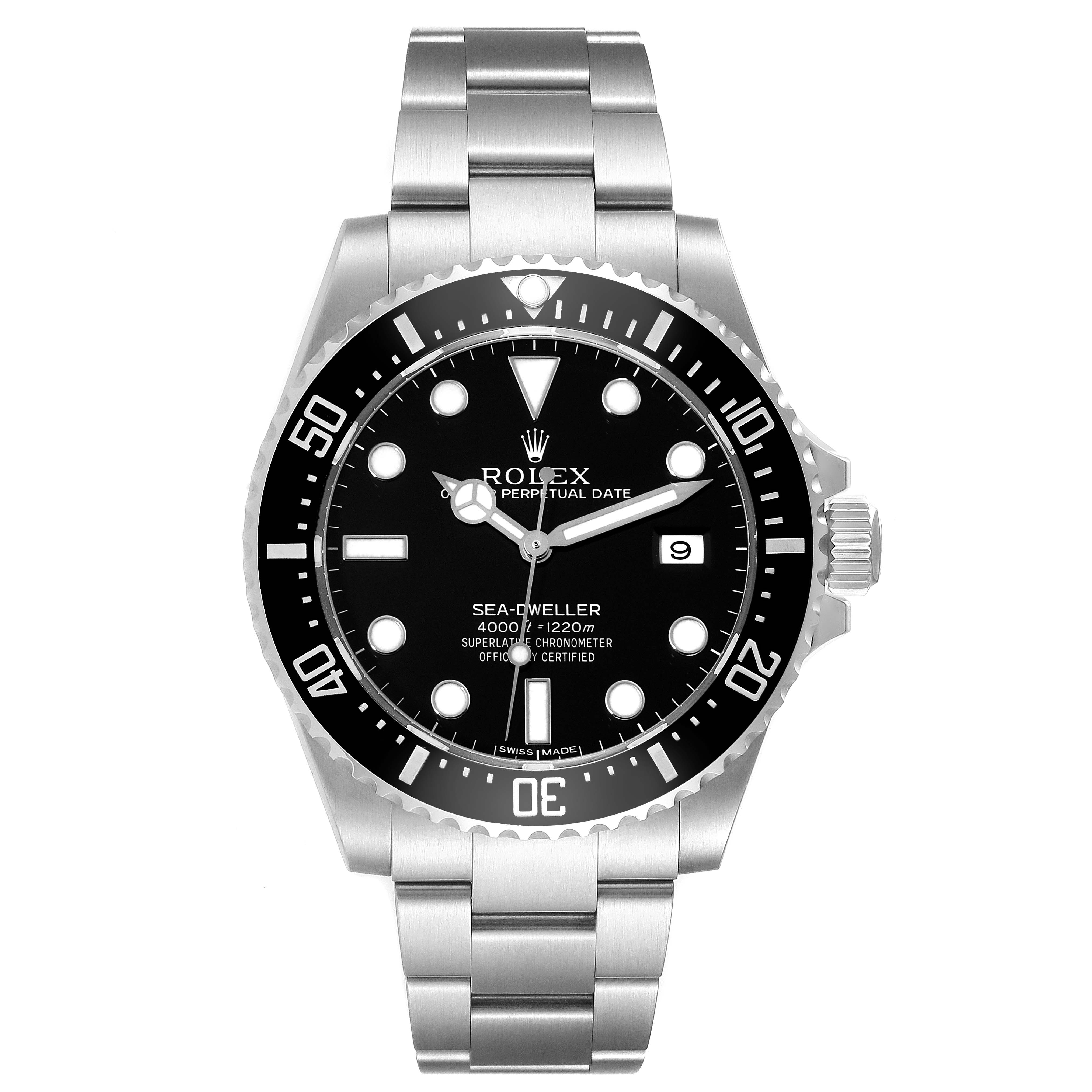 The image shows a front view of the Rolex Sea-Dweller 116600 Men's Stainless Steel Black Dial 116600 Men's Stainless Steel Black Dial watch, highlighting the bezel, dial, and bracelet.