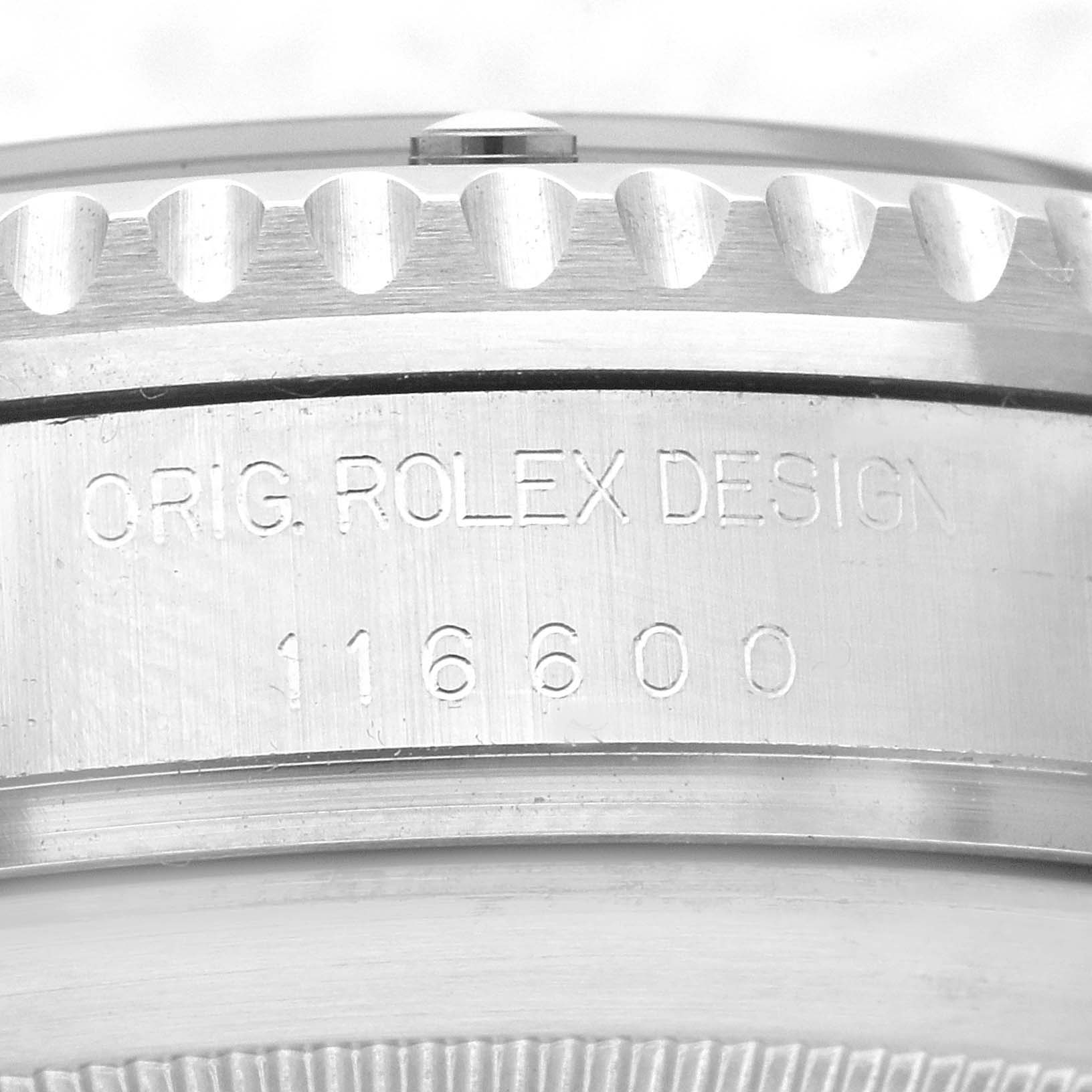 The close-up photo shows the engraving on the side of the case of a Rolex Sea-Dweller 116600 Men's Stainless Steel Black Dial 116600 Men's Stainless Steel Black Dial model 116600.