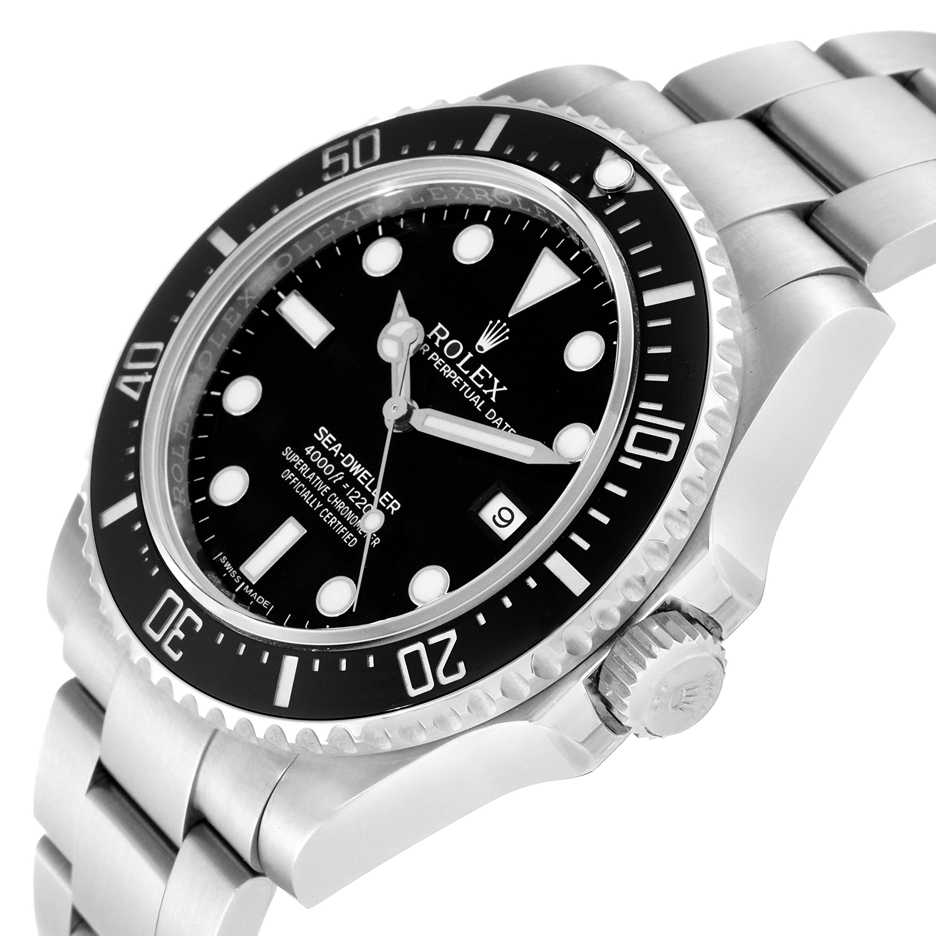 The Rolex Sea-Dweller 116600 Men's Stainless Steel Black Dial 116600 Men's Stainless Steel Black Dial watch is shown at a slight angle displaying the dial, bezel, crown, and part of the bracelet.