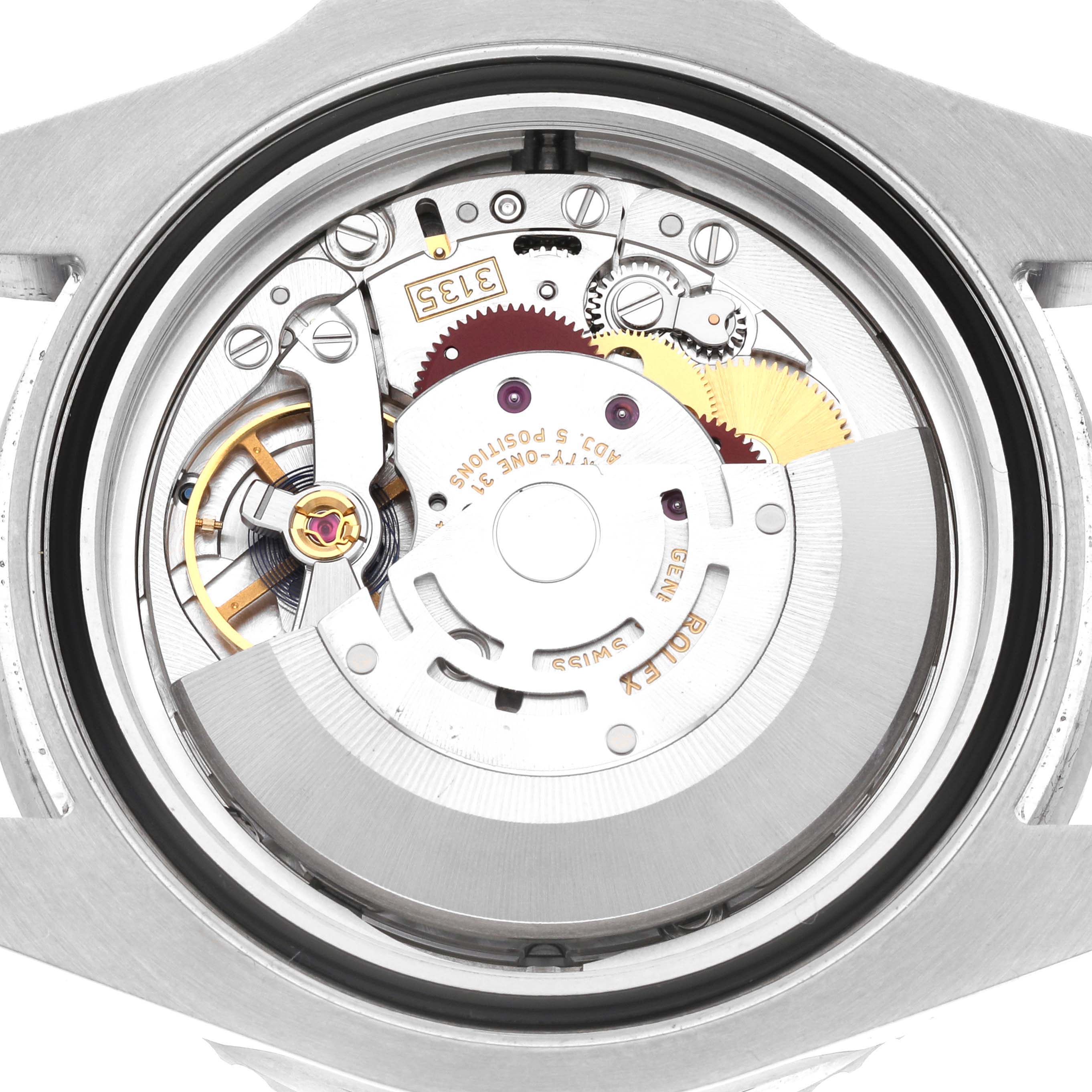 This image shows a close-up view of the internal movement of a Rolex Sea-Dweller 116600 Men's Stainless Steel Black Dial 116600 Men's Stainless Steel Black Dial watch.