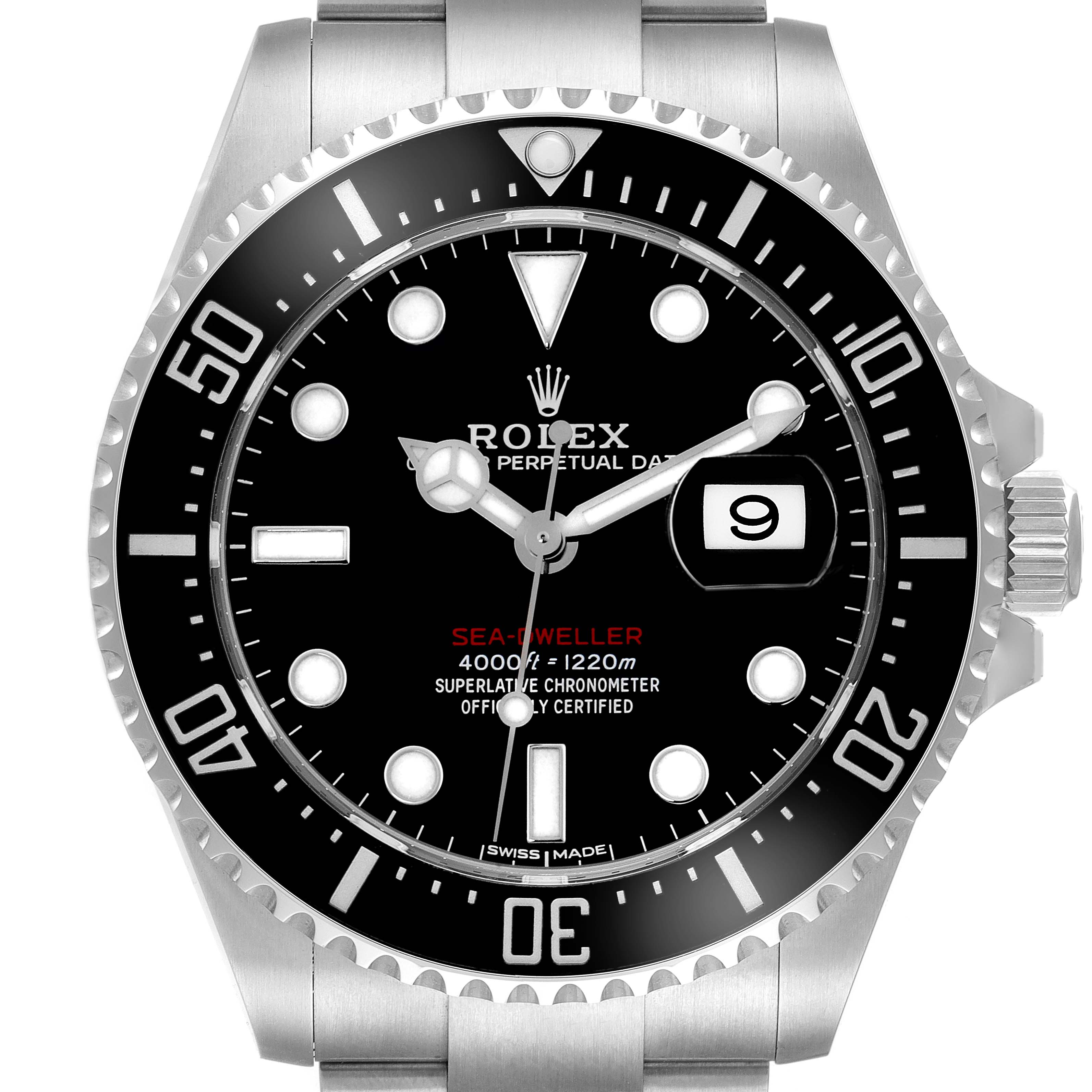 The Rolex Sea-Dweller 126600 Men
s Stainless Steel Black Dial 126600 Men
s Stainless Steel Black Dial is shown from a front angle, displaying its dial, bezel, and crown.