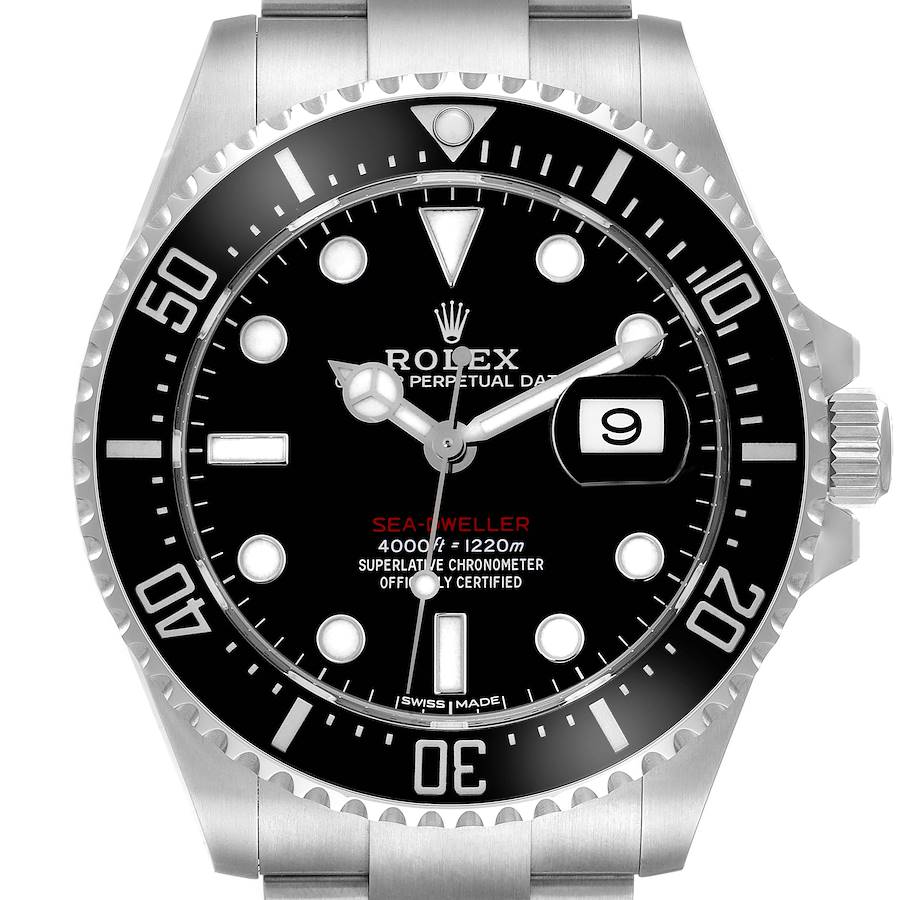 The Rolex Sea-Dweller is shown from a front angle, displaying its dial, bezel, and crown.