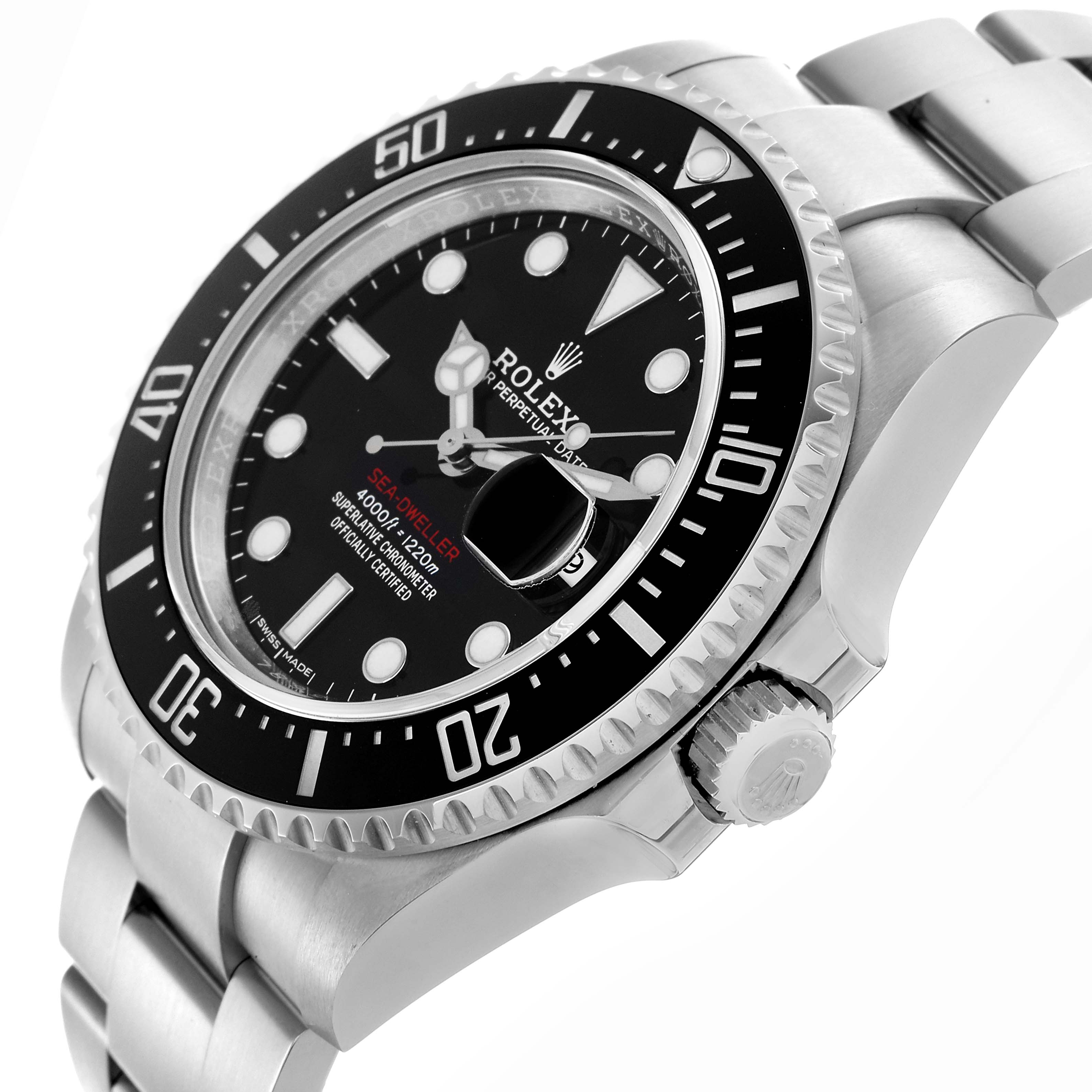 The Rolex Sea-Dweller 126600 Men
s Stainless Steel Black Dial 126600 Men
s Stainless Steel Black Dial is shown from a three-quarter side angle highlighting the bezel, dial, and bracelet.