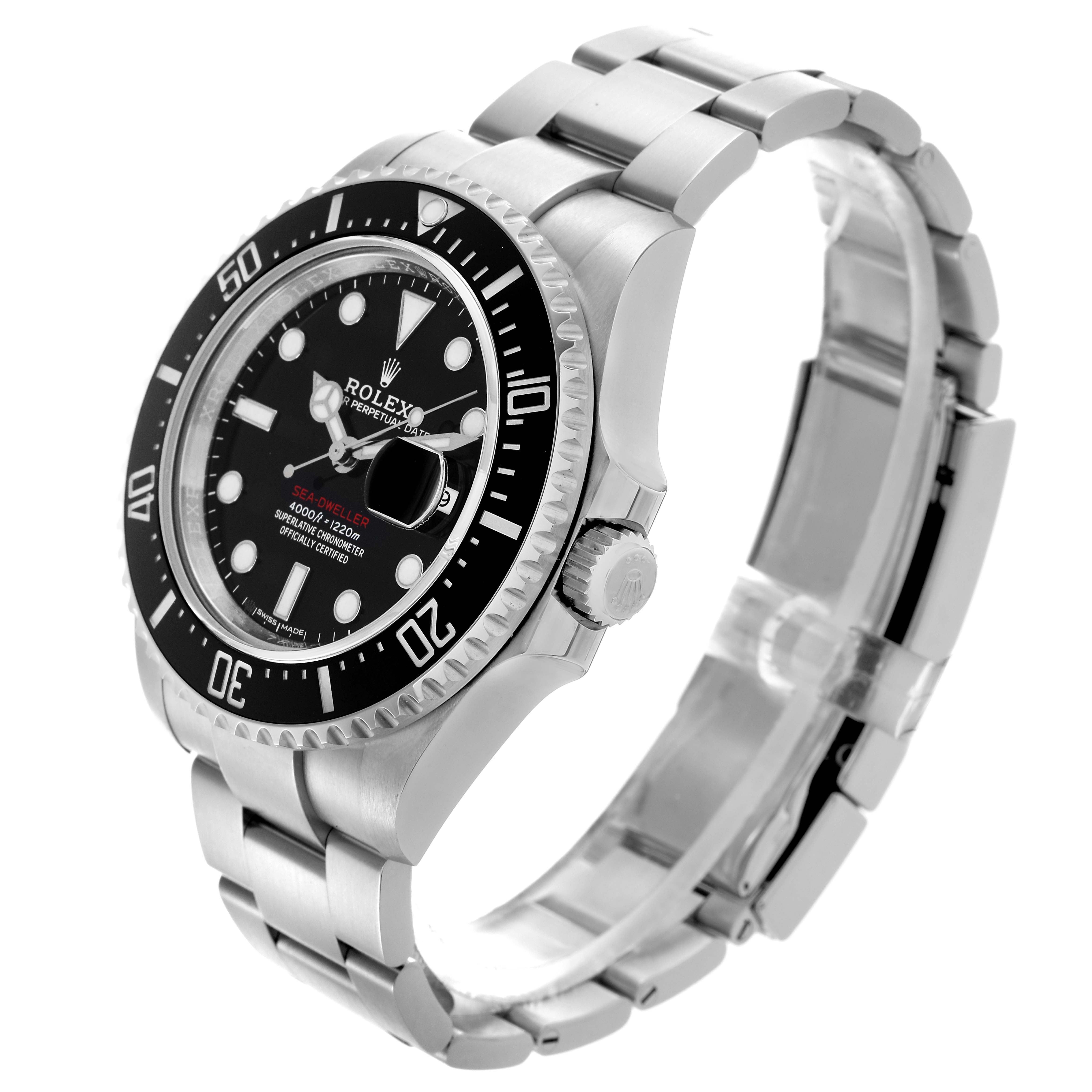 The Rolex Sea-Dweller 126600 Men
s Stainless Steel Black Dial 126600 Men
s Stainless Steel Black Dial watch is shown at a three-quarter angle, highlighting the face, bezel, crown, and bracelet.