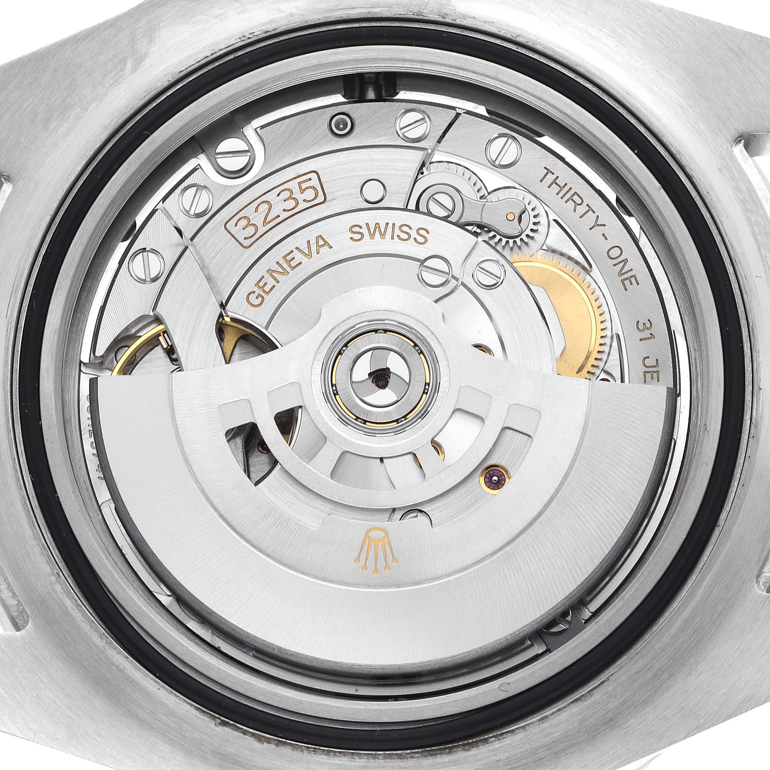 The image shows the back view of a Rolex Sea-Dweller 126600 Men
s Stainless Steel Black Dial 126600 Men
s Stainless Steel Black Dial, displaying the intricate movement and rotor.