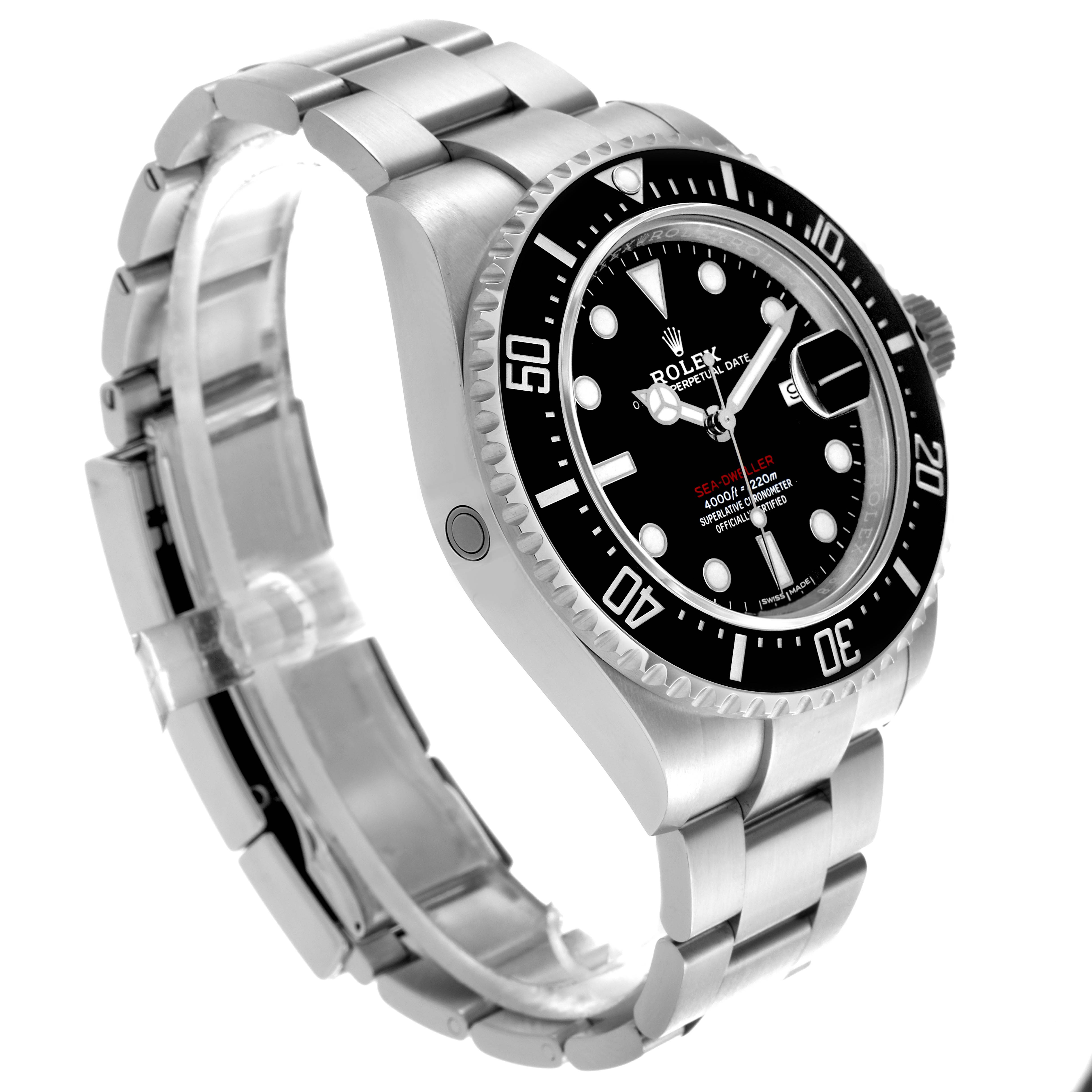 The Rolex Sea-Dweller 126600 Men
s Stainless Steel Black Dial 126600 Men
s Stainless Steel Black Dial watch is shown at a three-quarter angle, displaying the face, bezel, and bracelet prominently.
