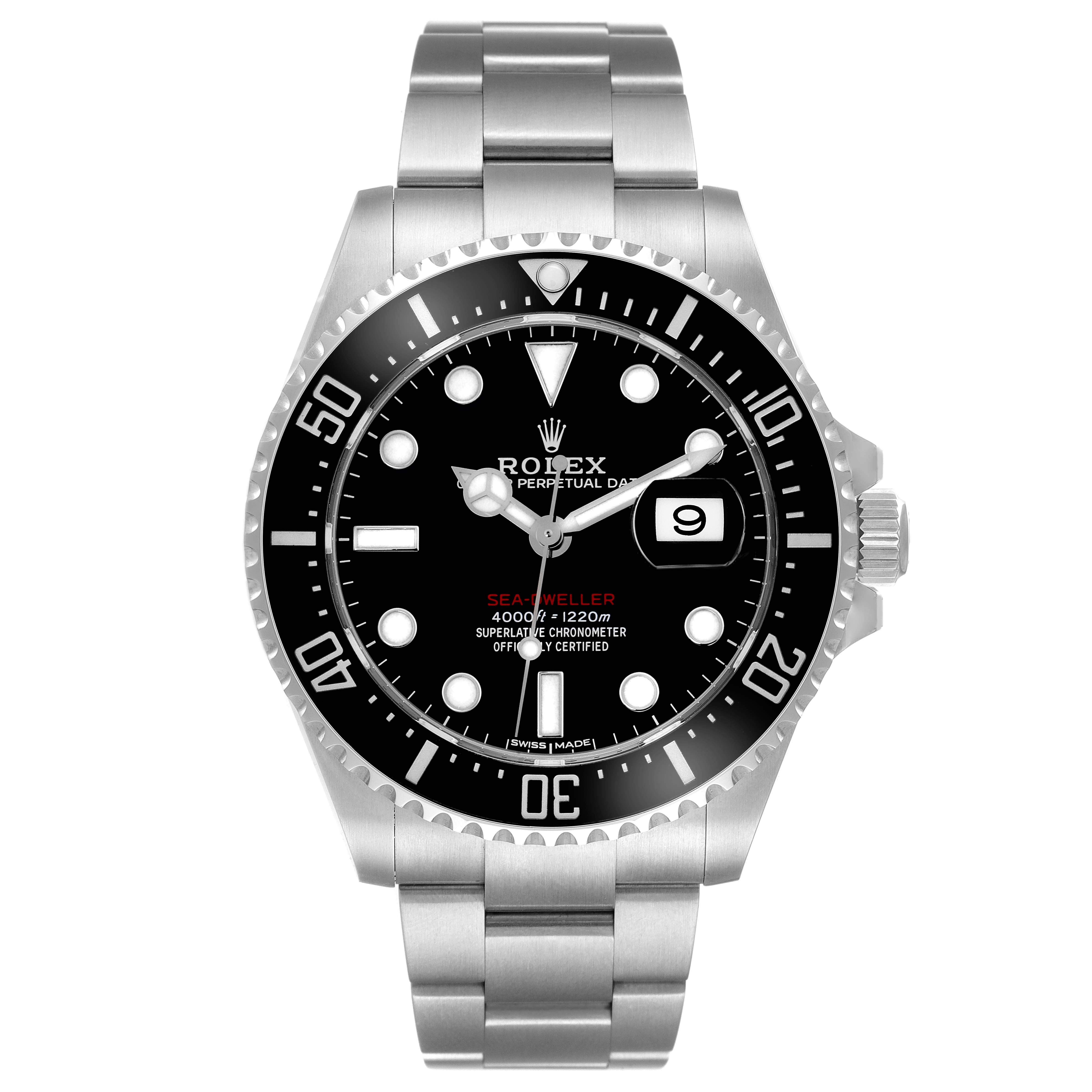 The Rolex Sea-Dweller 126600 Men
s Stainless Steel Black Dial 126600 Men
s Stainless Steel Black Dial watch is shown from a front angle, displaying the face, bezel, and part of the bracelet.