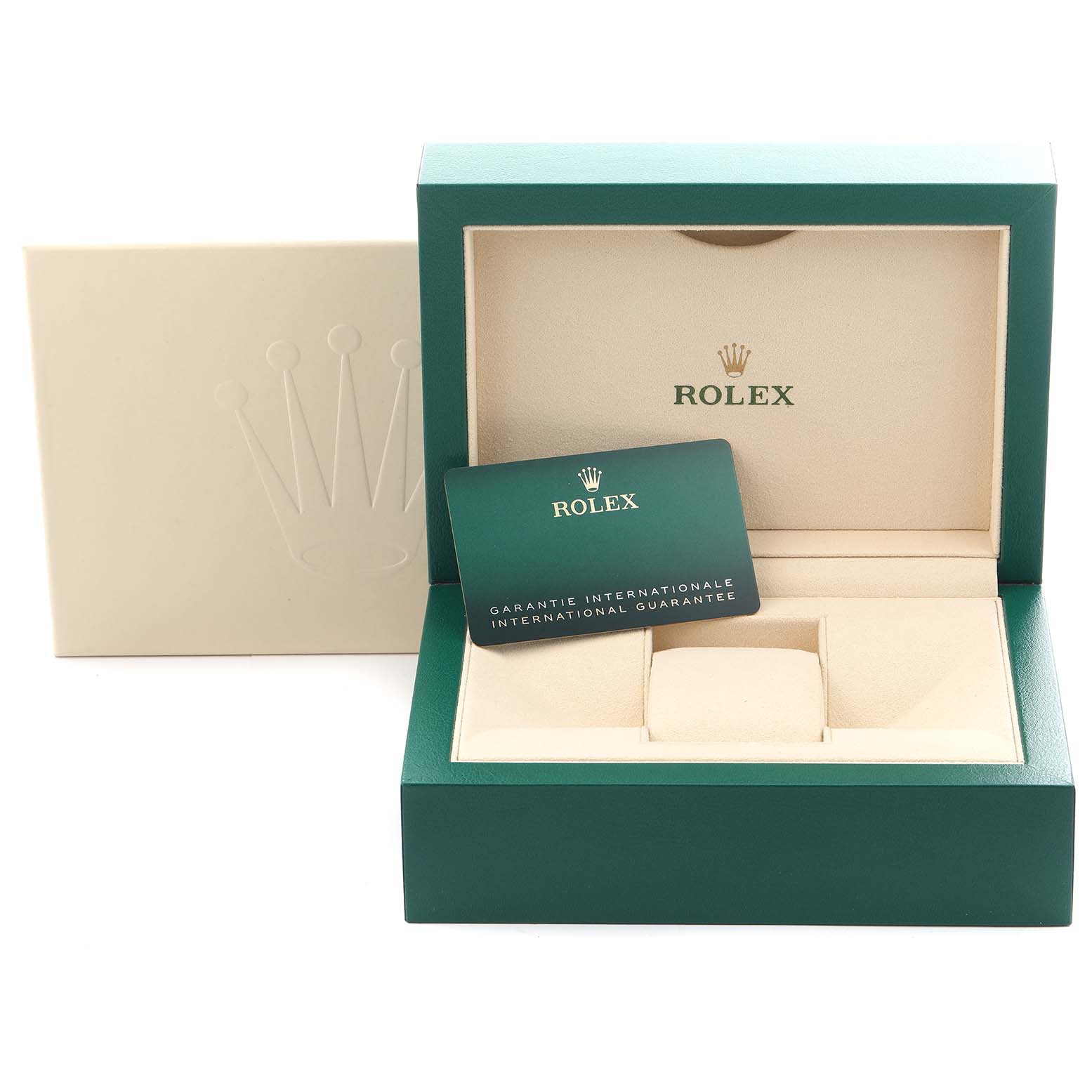 The image shows the Rolex Sea-Dweller 126603 Men's Steel and Gold (two tone) Black Dial 126603 Men's Steel and Gold (two tone) Black Dial's open box, warranty card, and outer cardboard sleeve at an angle.