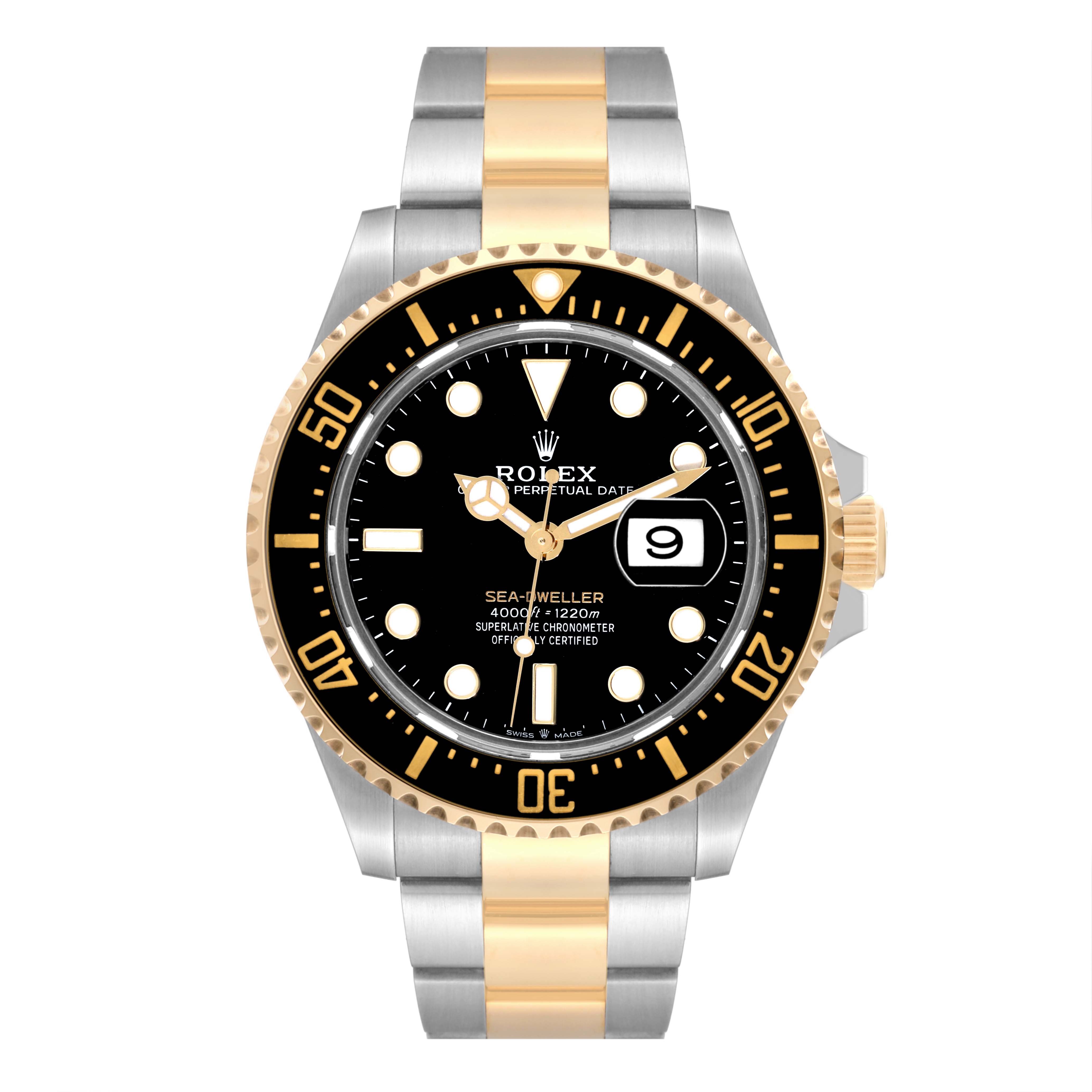 This is a Rolex Sea-Dweller 126603 Men's Steel and Gold (two tone) Black Dial 126603 Men's Steel and Gold (two tone) Black Dial watch shown from a top view, highlighting the dial, bezel, and bracelet.