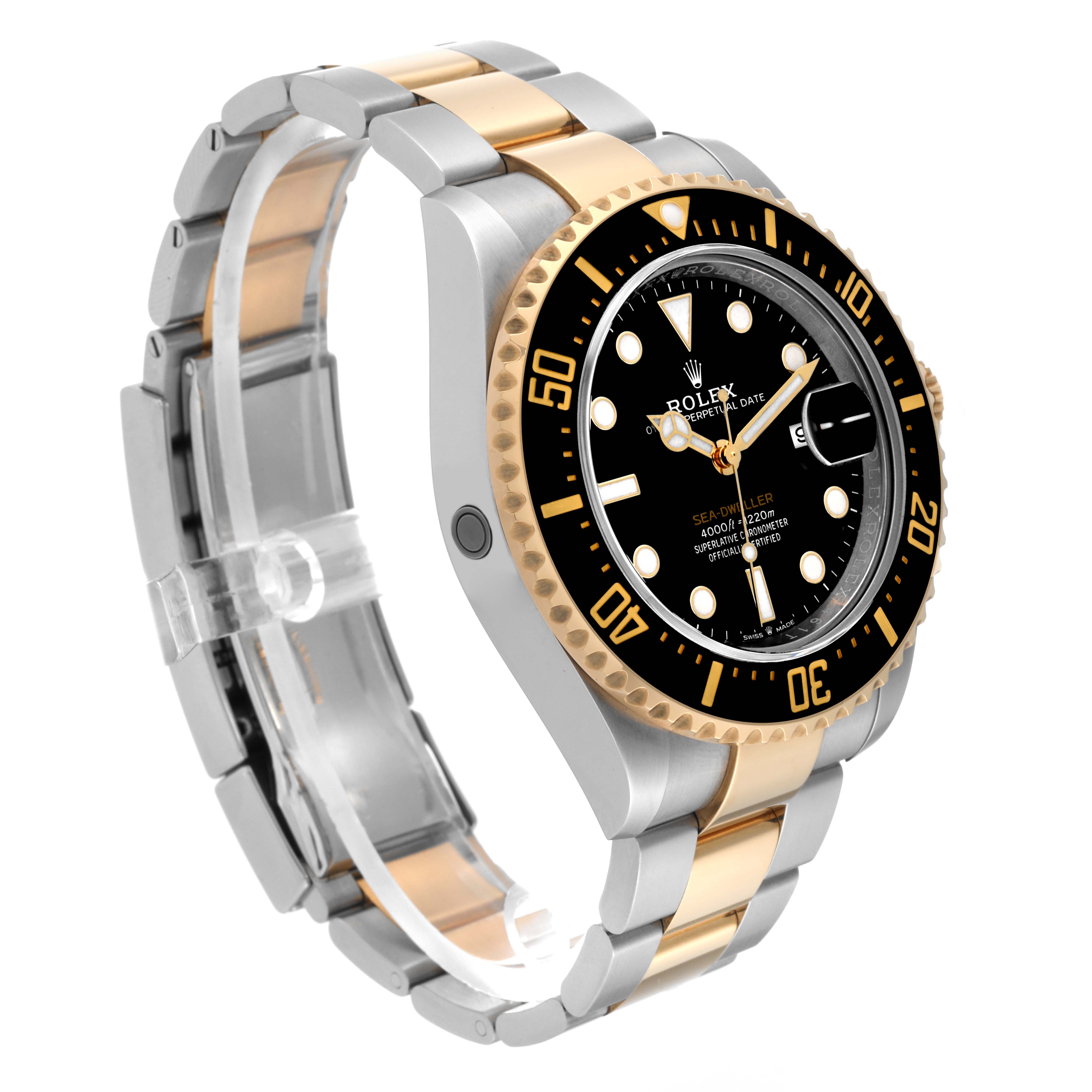The image shows a side angle of a Rolex Sea-Dweller 126603 Men's Steel and Gold (two tone) Black Dial 126603 Men's Steel and Gold (two tone) Black Dial watch, highlighting its bracelet, bezel, and dial.