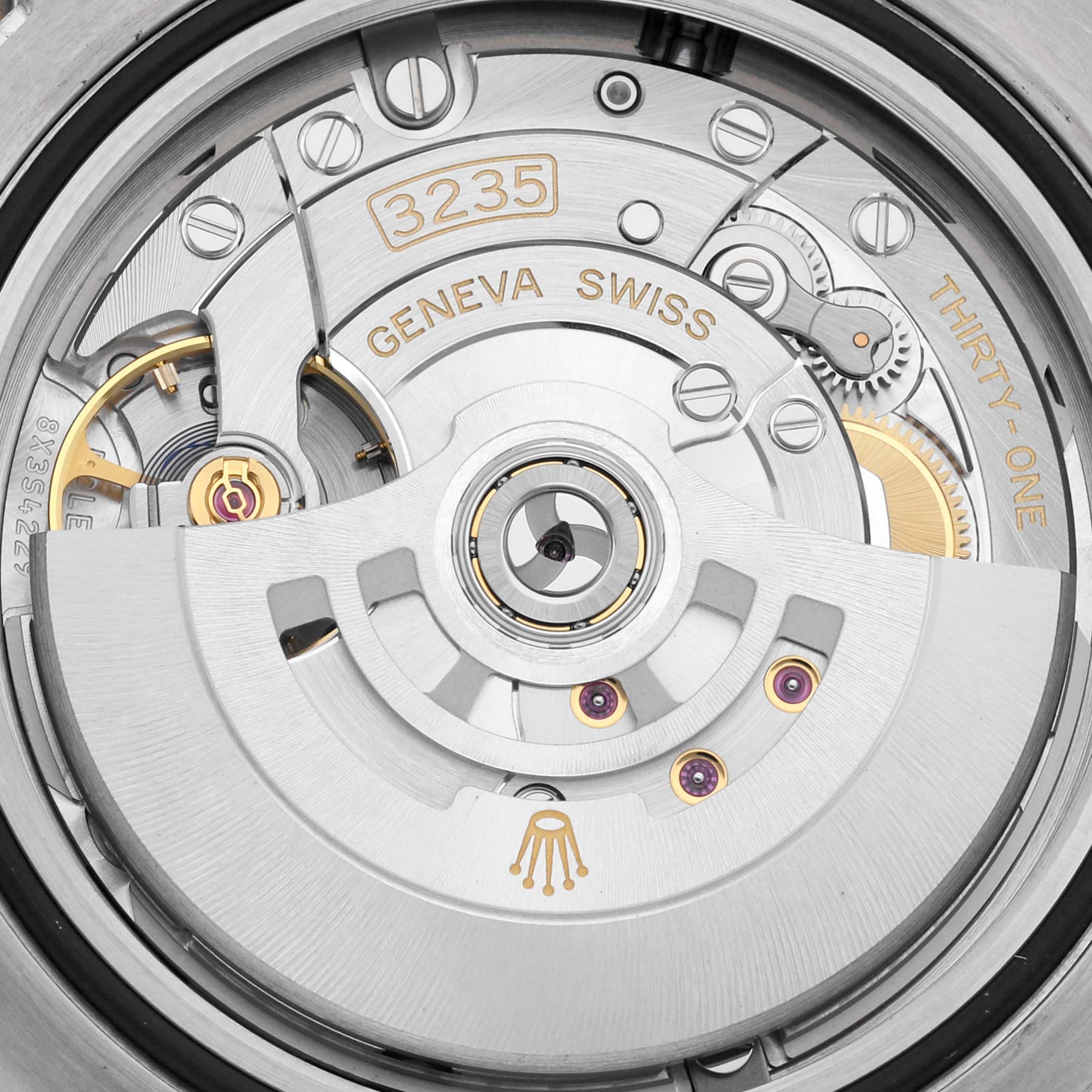 This is a close-up view of the movement components of the Rolex Sea-Dweller 126603 Men's Steel and Gold (two tone) Black Dial 126603 Men's Steel and Gold (two tone) Black Dial watch, featuring the 3235 caliber.