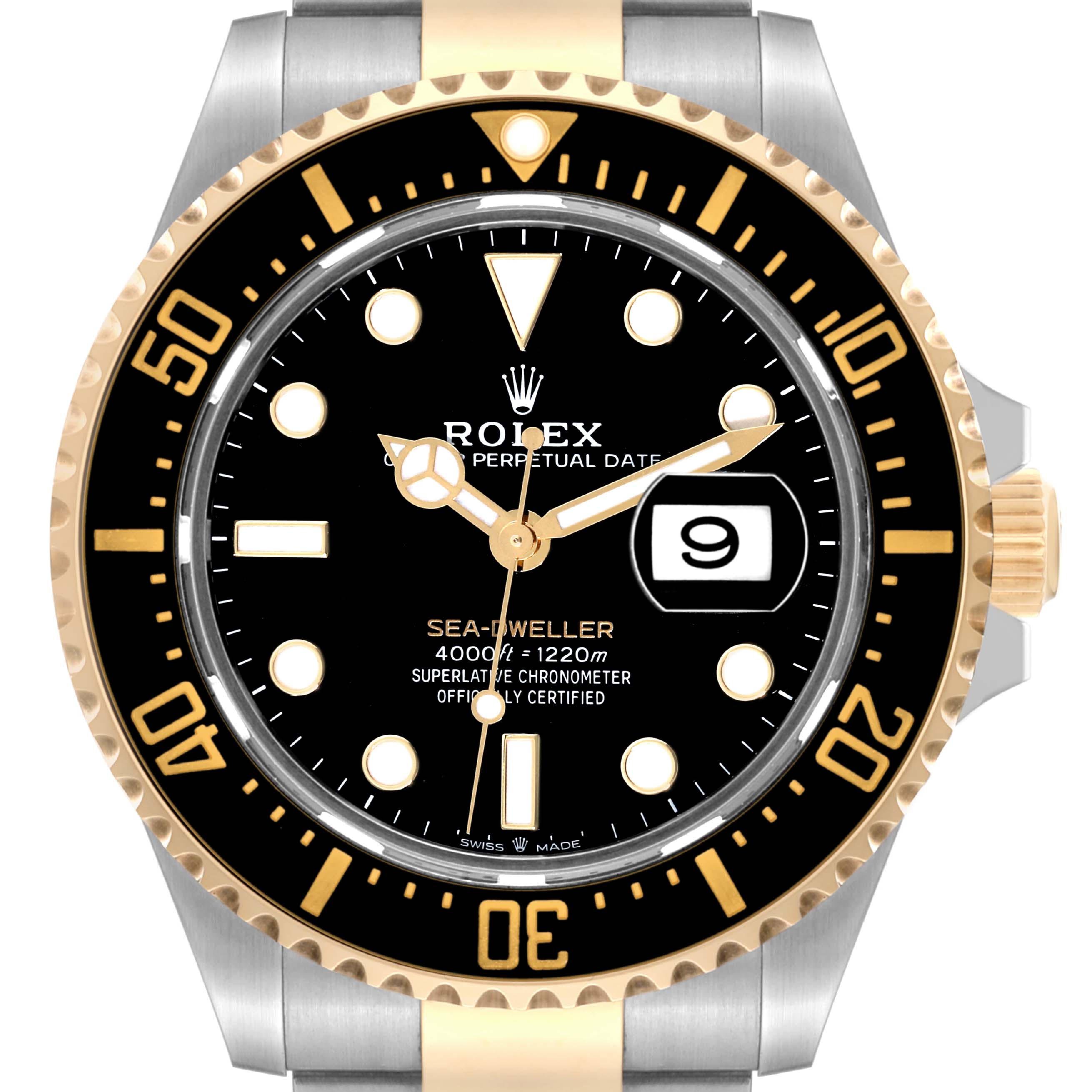The image shows a front view of the Rolex Sea-Dweller 126603 Men's Steel and Gold (two tone) Black Dial 126603 Men's Steel and Gold (two tone) Black Dial watch, featuring its dial, bezel, crown, and part of the bracelet.