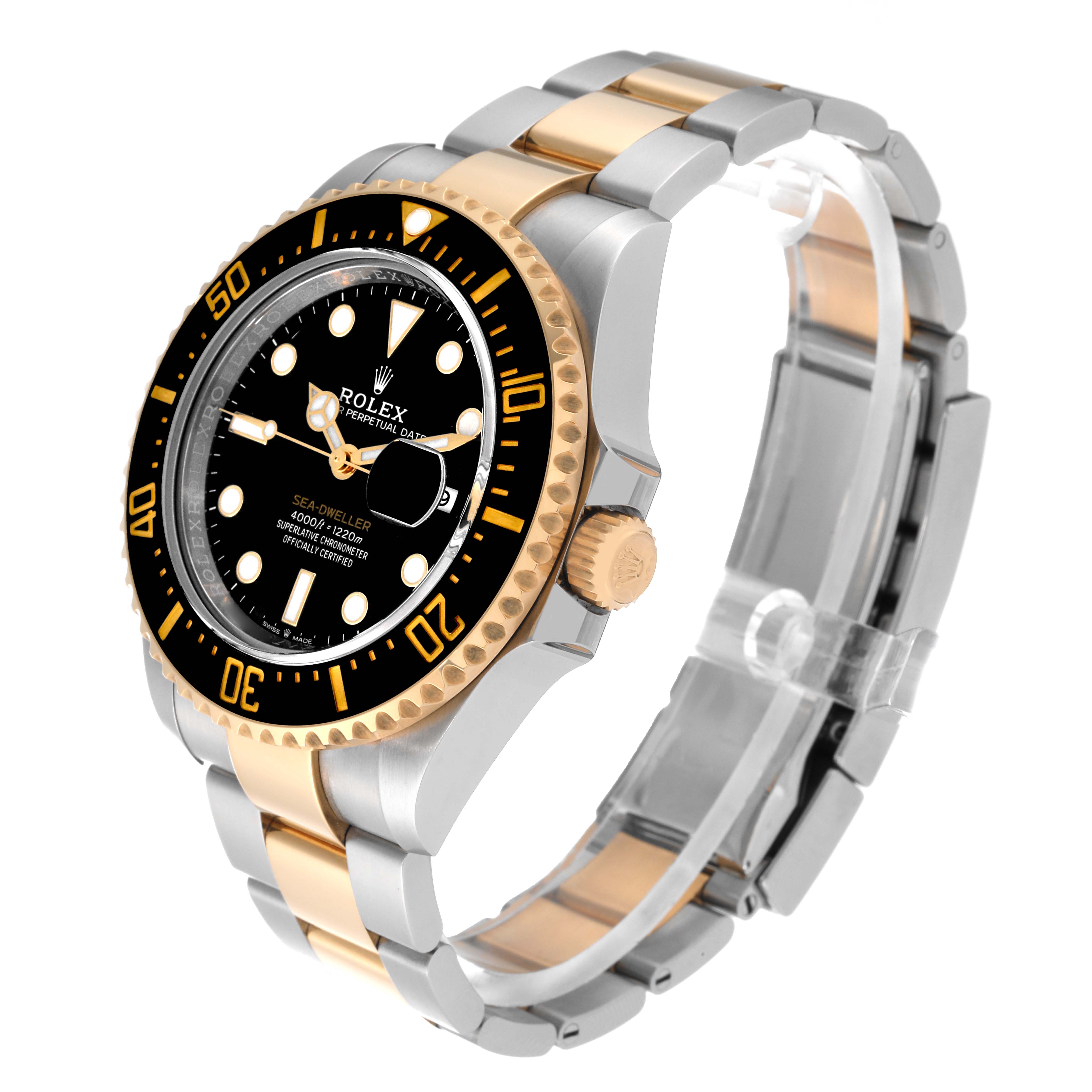 The Rolex Sea-Dweller 126603 Men's Steel and Gold (two tone) Black Dial 126603 Men's Steel and Gold (two tone) Black Dial watch is shown at a right-angle view displaying the dial, bezel, crown, and bracelet.