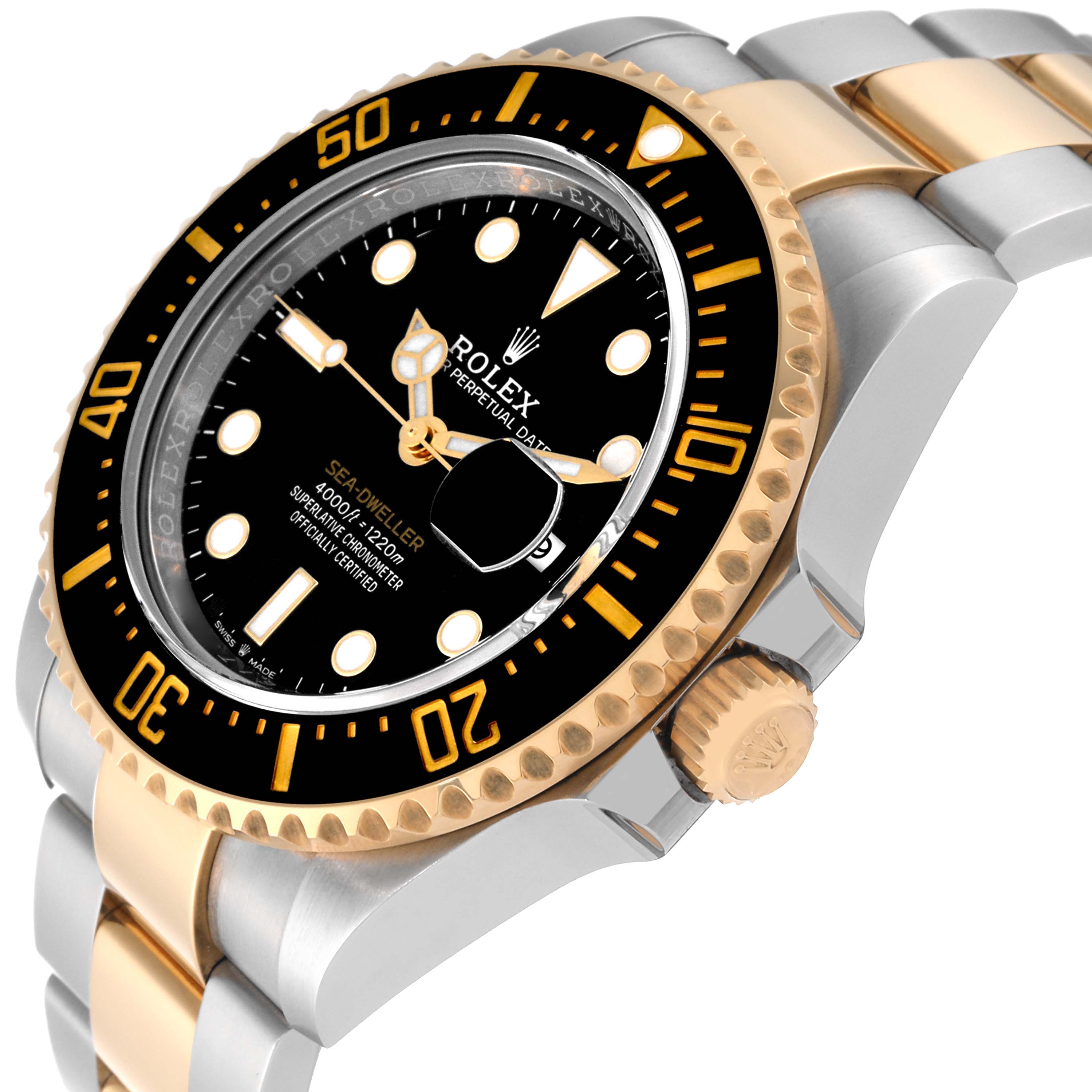 The image shows a close-up angle of the Rolex Sea-Dweller 126603 Men's Steel and Gold (two tone) Black Dial 126603 Men's Steel and Gold (two tone) Black Dial, focused on the bezel, dial, and part of the bracelet.