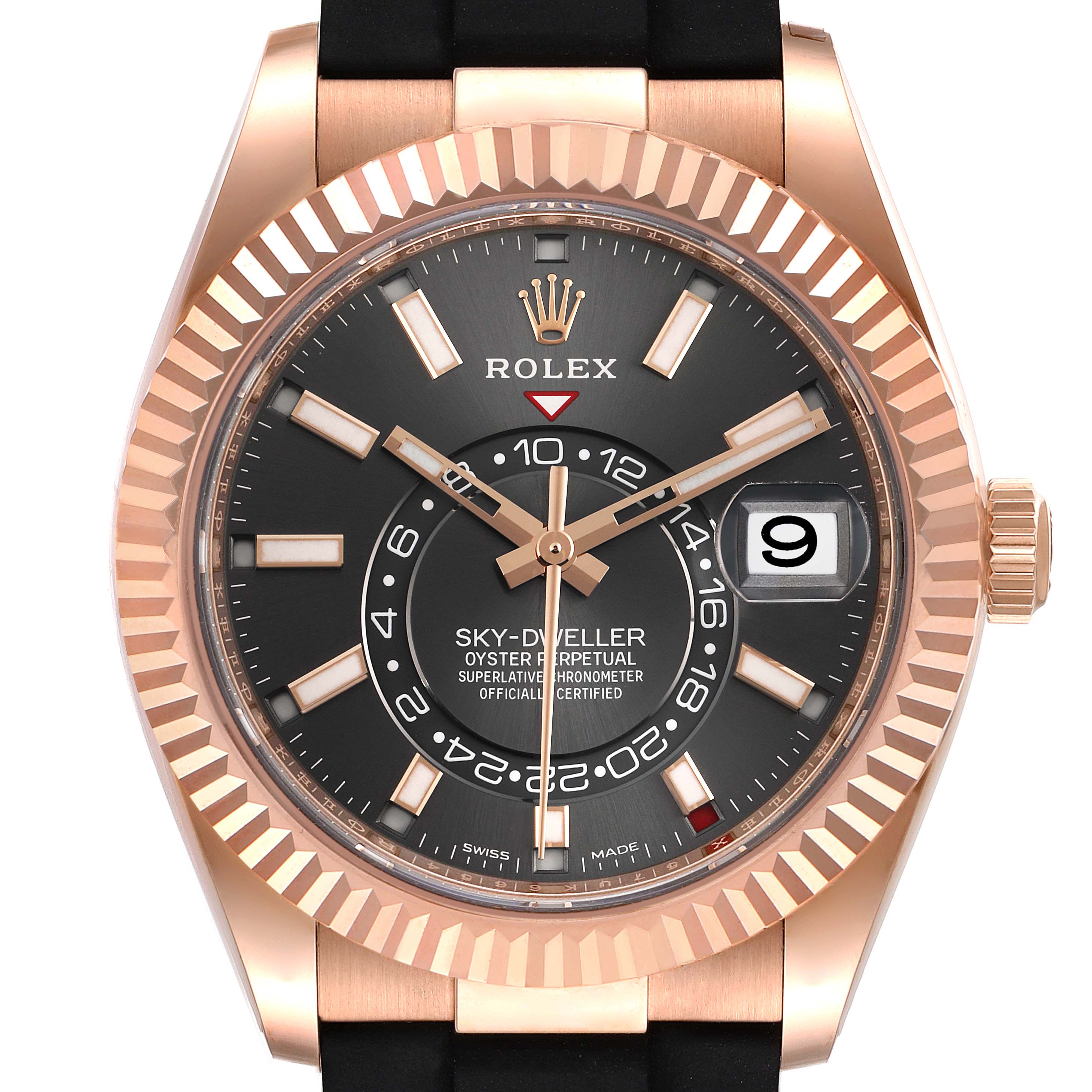 This image shows a frontal view of the Rolex Sky-Dweller 326235 Men's Rose Gold Grey Dial 326235 Men's Rose Gold Grey Dial watch, highlighting its dial, bezel, and crown.