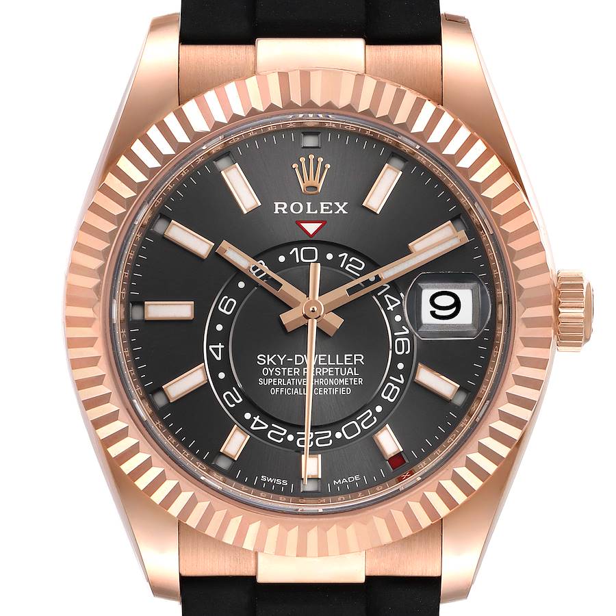 Rolex Sky-Dweller Everose Gold Slate Dial Oysterflex Mens Watch 326235 Unworn SwissWatchExpo