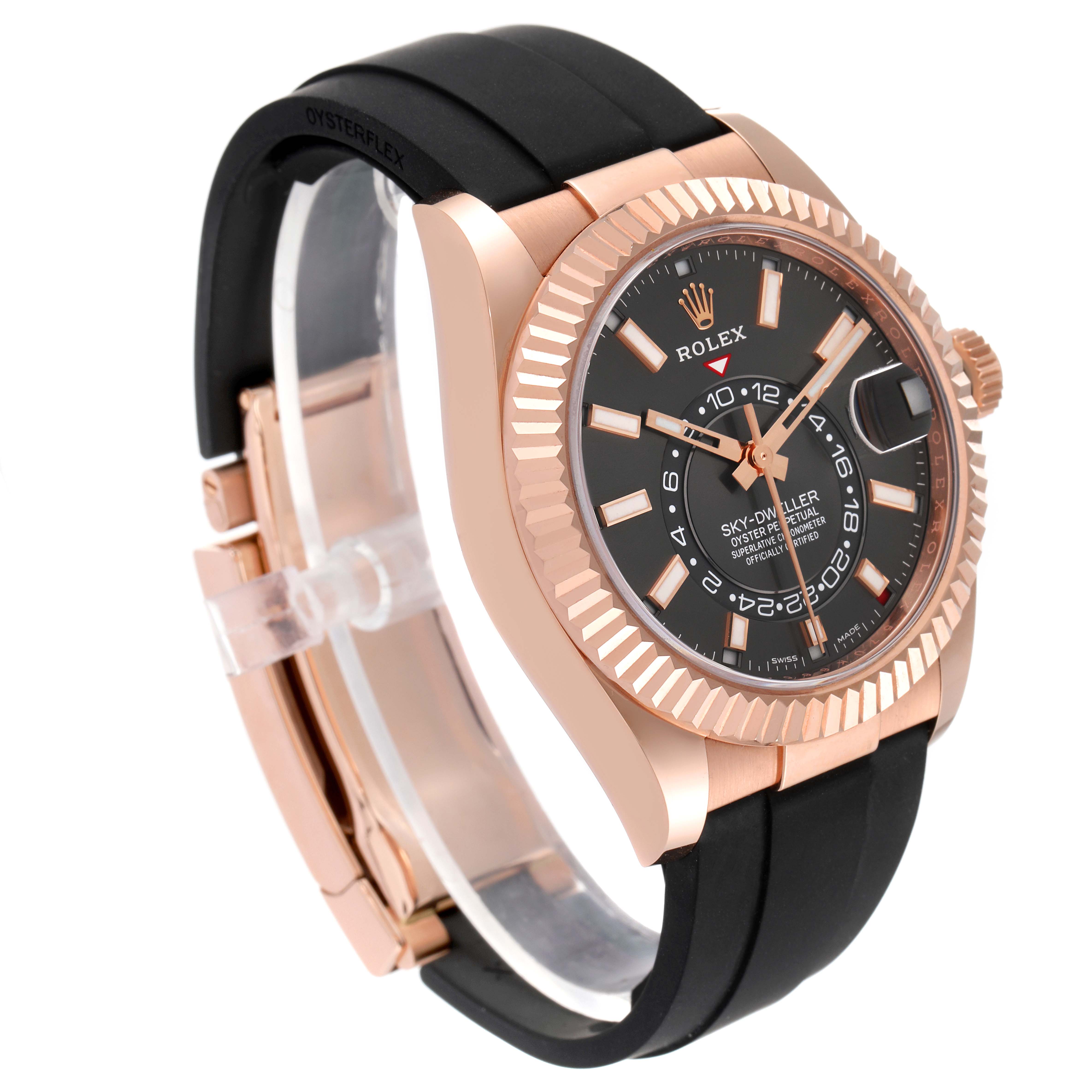 The image shows a Rolex Sky-Dweller 326235 Men's Rose Gold Grey Dial 326235 Men's Rose Gold Grey Dial watch at an angle, highlighting the dial, bezel, crown, and strap clasp.