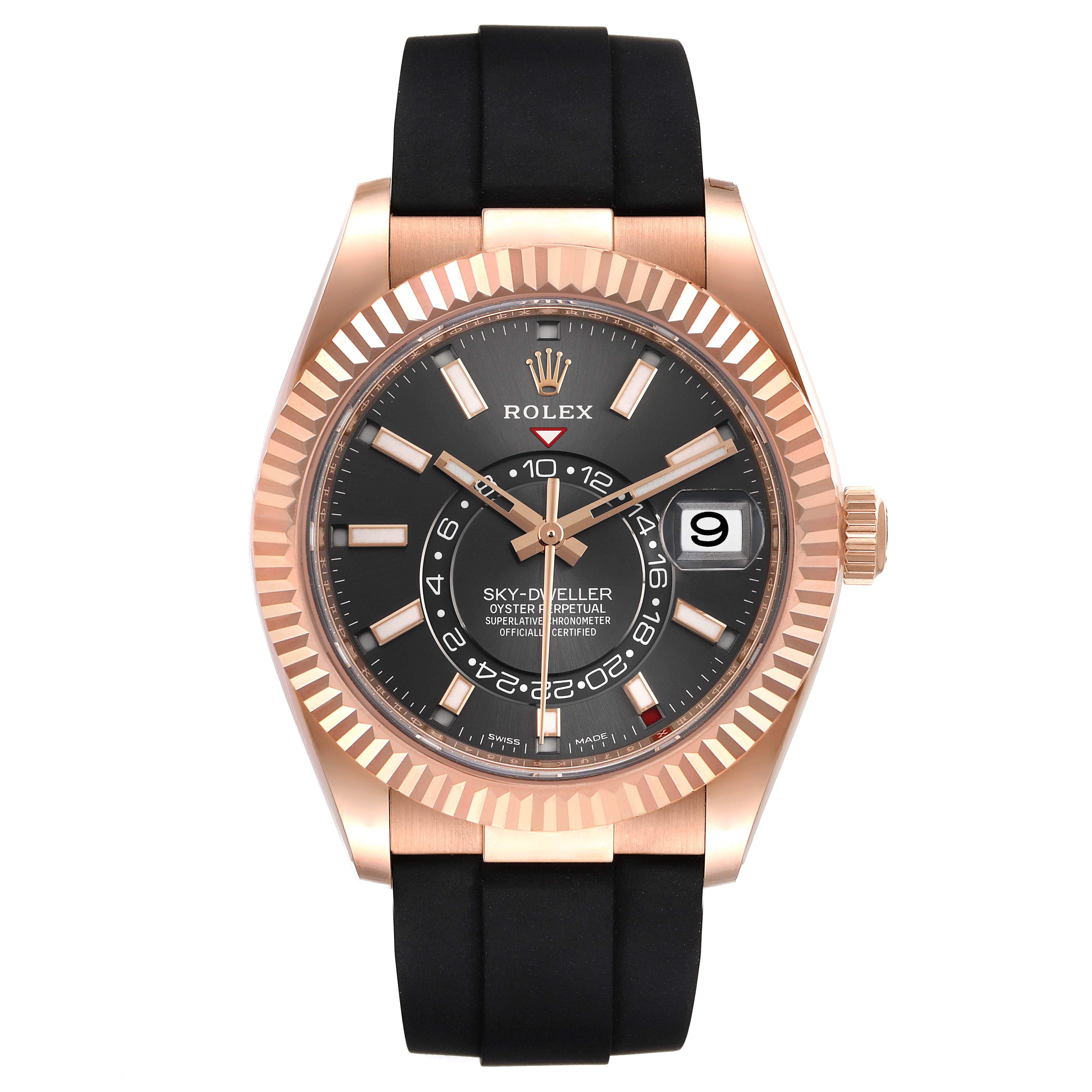 The image shows a front view of a Rolex Sky-Dweller 326235 Men's Rose Gold Grey Dial 326235 Men's Rose Gold Grey Dial watch with a black dial, date display, and black strap.