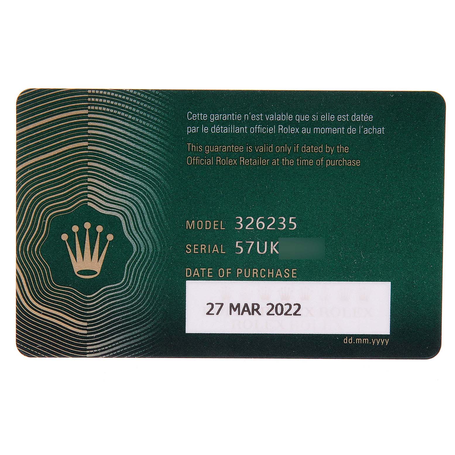 This image shows the warranty card for a Rolex Sky-Dweller 326235 Men's Rose Gold Grey Dial 326235 Men's Rose Gold Grey Dial, displaying the model number, serial number, and purchase date.