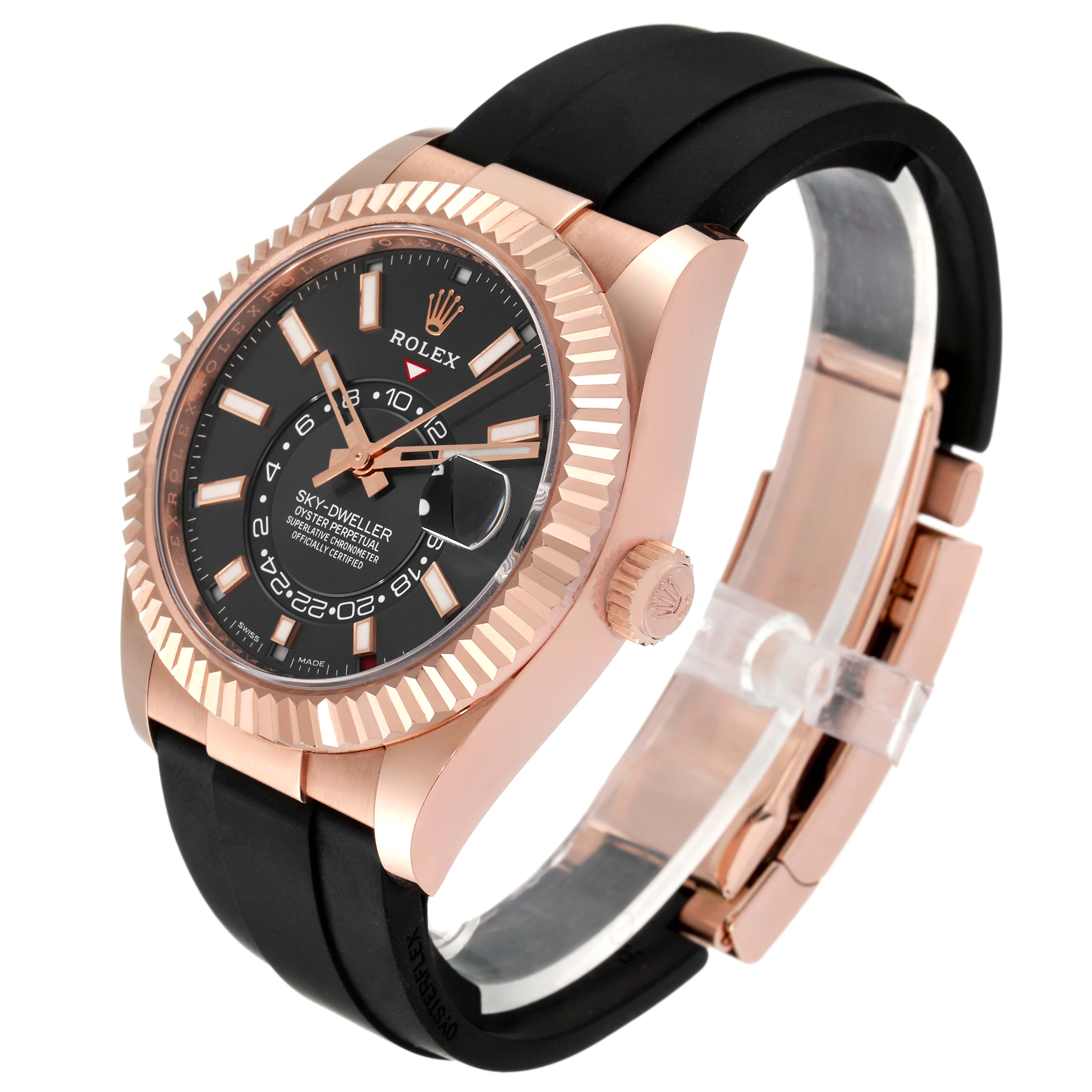 The image shows a Rolex Sky-Dweller 326235 Men's Rose Gold Grey Dial 326235 Men's Rose Gold Grey Dial watch at a three-quarter angle, highlighting the case, dial, crown, and strap.