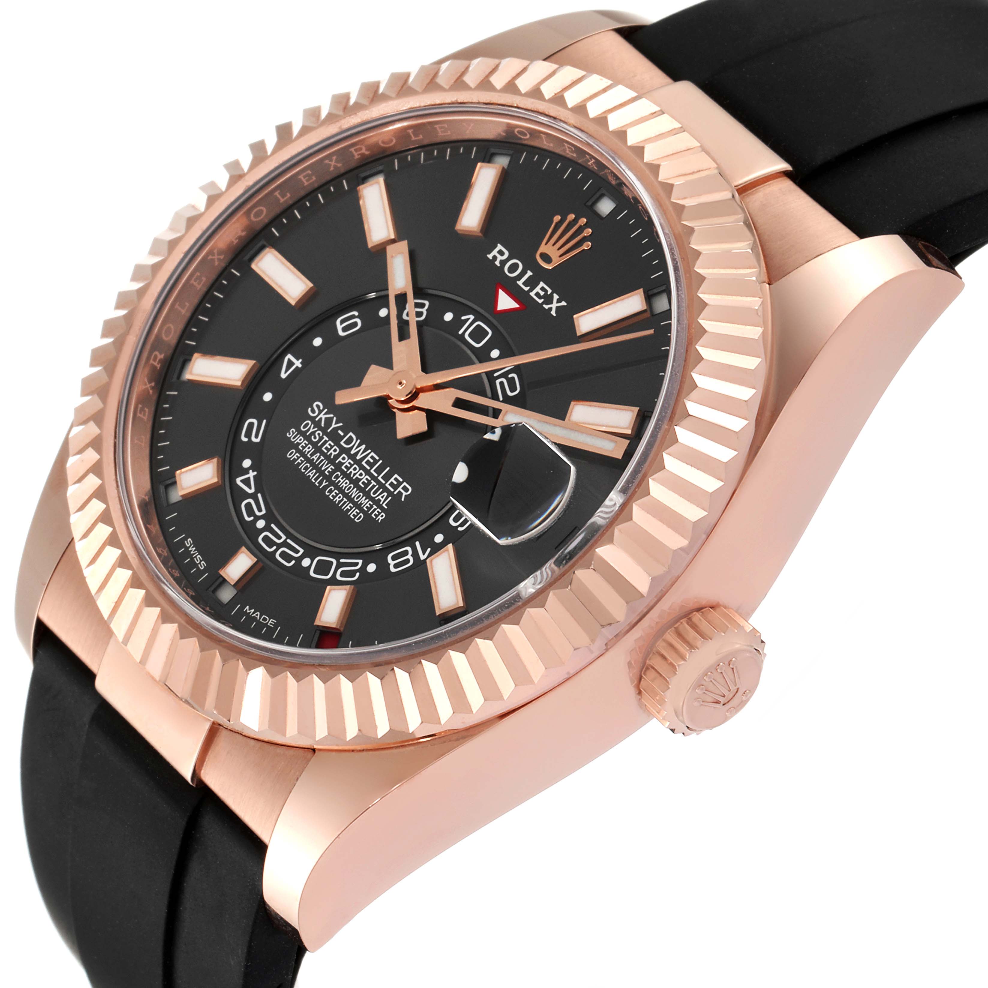 This image shows a Rolex Sky-Dweller 326235 Men's Rose Gold Grey Dial 326235 Men's Rose Gold Grey Dial watch at an angled side view, highlighting the face, bezel, crown, and strap.
