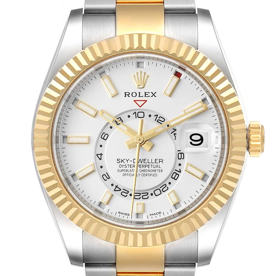 The Rolex Sky-Dweller watch is shown from the front, displaying its face, dial, bezel, and part of the bracelet.