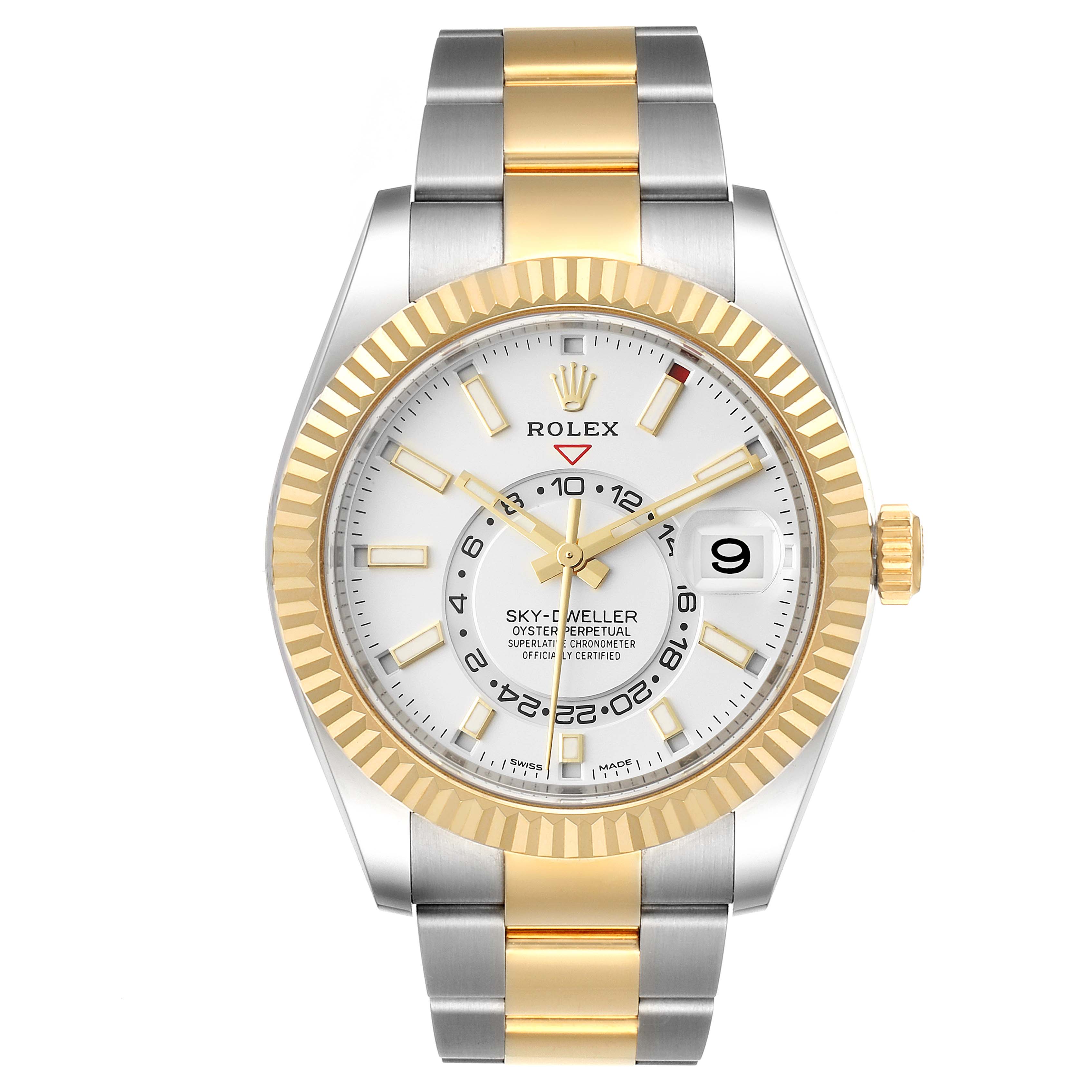 The Rolex Sky-Dweller 326933 Men
s Steel and Gold (two tone) White Dial 326933 Men
s Steel and Gold (two tone) White Dial is shown from a front view, highlighting the dial, bezel, and bracelet.