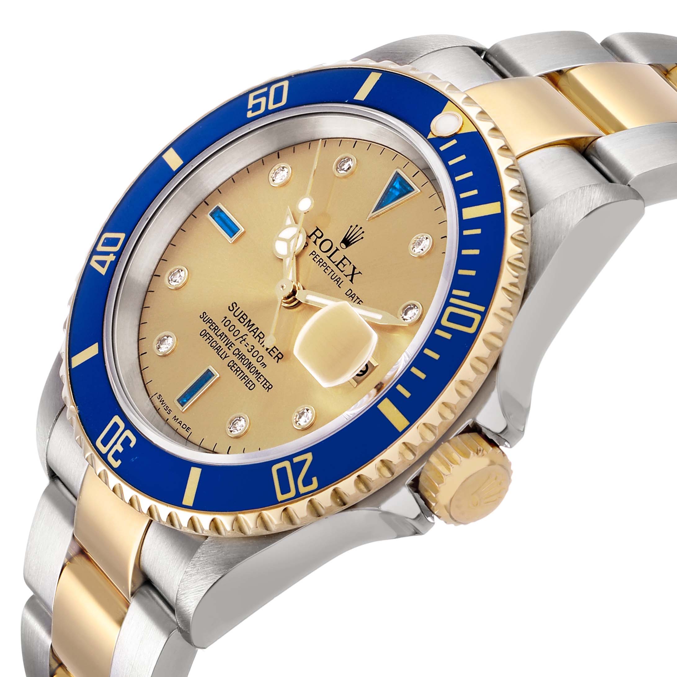 The Rolex Submariner 16613 Men's Steel and Gold (two tone) Champagne Dial watch is shown at an angle highlighting the bezel, dial, crown, and bracelet.