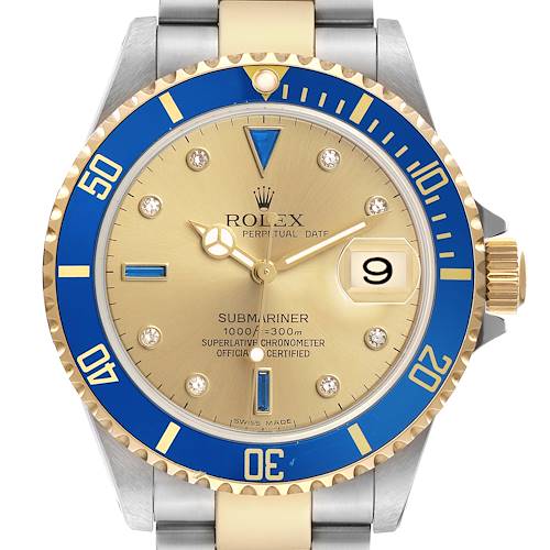 The Rolex Submariner 16613 Men's Steel and Gold (two tone) Champagne Dial is shown from the front, displaying its blue and gold bezel, dial, and bracelet.