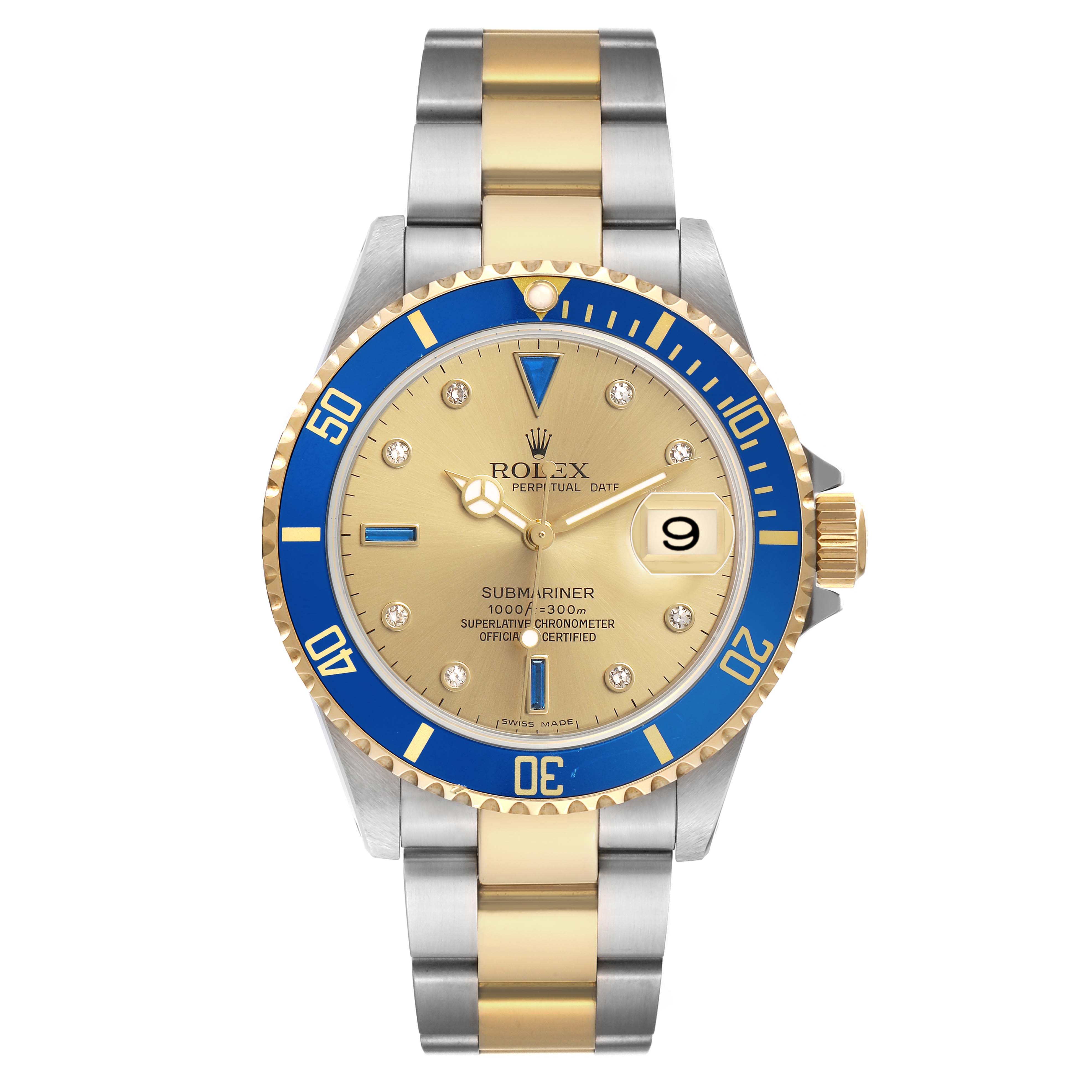 The Rolex Submariner 16613 Men's Steel and Gold (two tone) Champagne Dial watch is shown from the front, displaying the dial, bezel, crown, and bracelet.