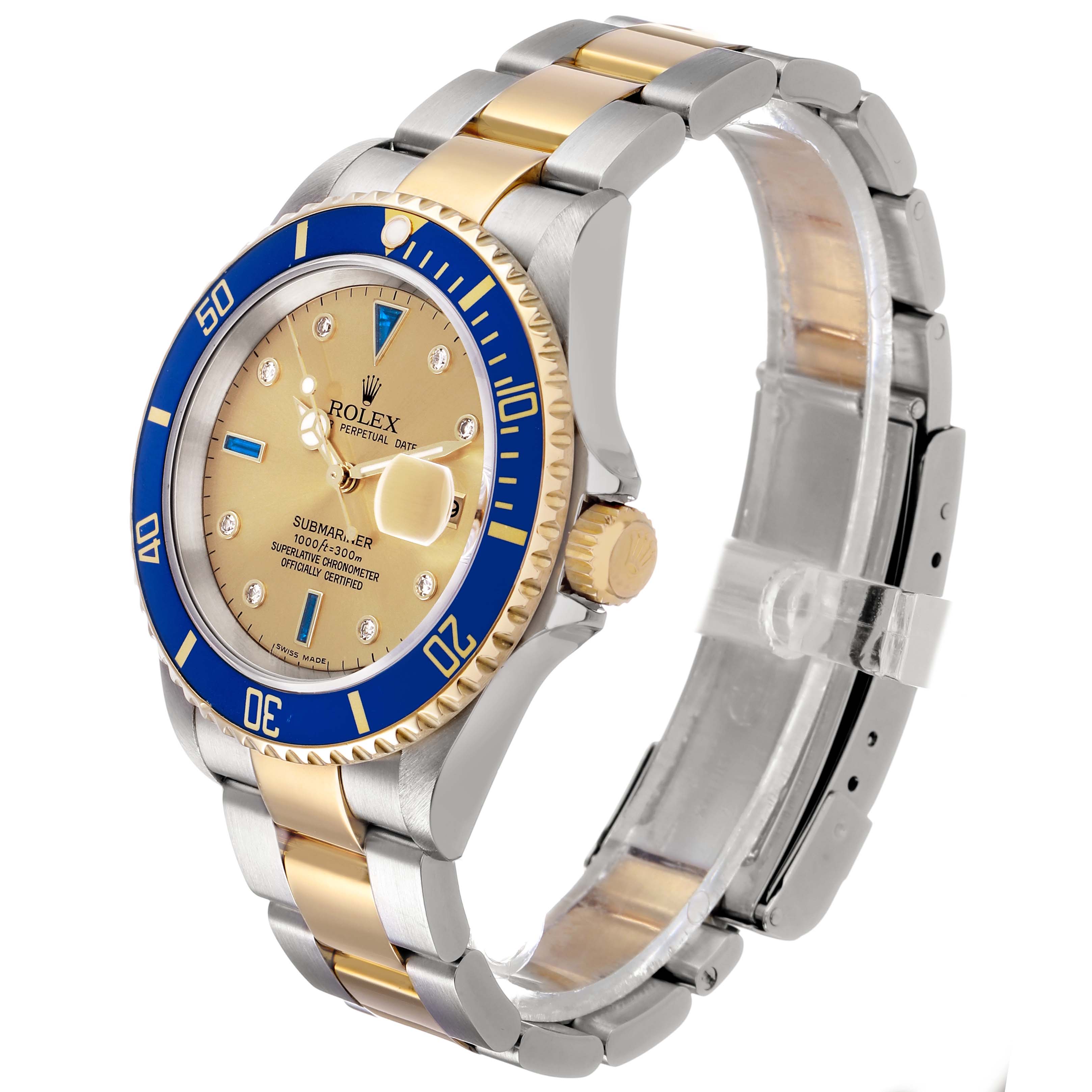 The Rolex Submariner 16613 Men's Steel and Gold (two tone) Champagne Dial watch is shown at a three-quarter angle, highlighting its bezel, dial, bracelet, and clasp.