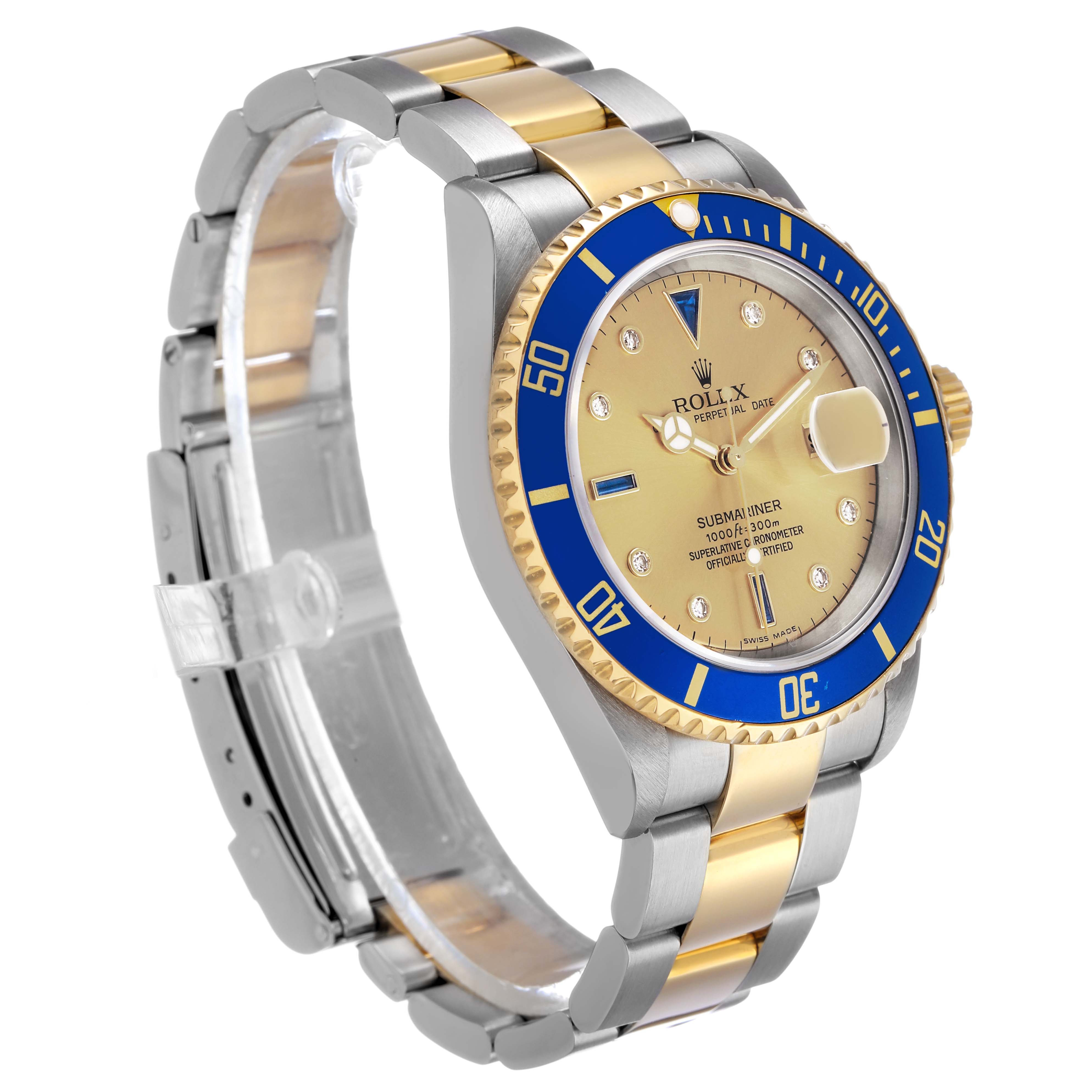The Rolex Submariner 16613 Men's Steel and Gold (two tone) Champagne Dial watch is shown at a three-quarter angle, highlighting the bezel, dial, and two-tone bracelet.