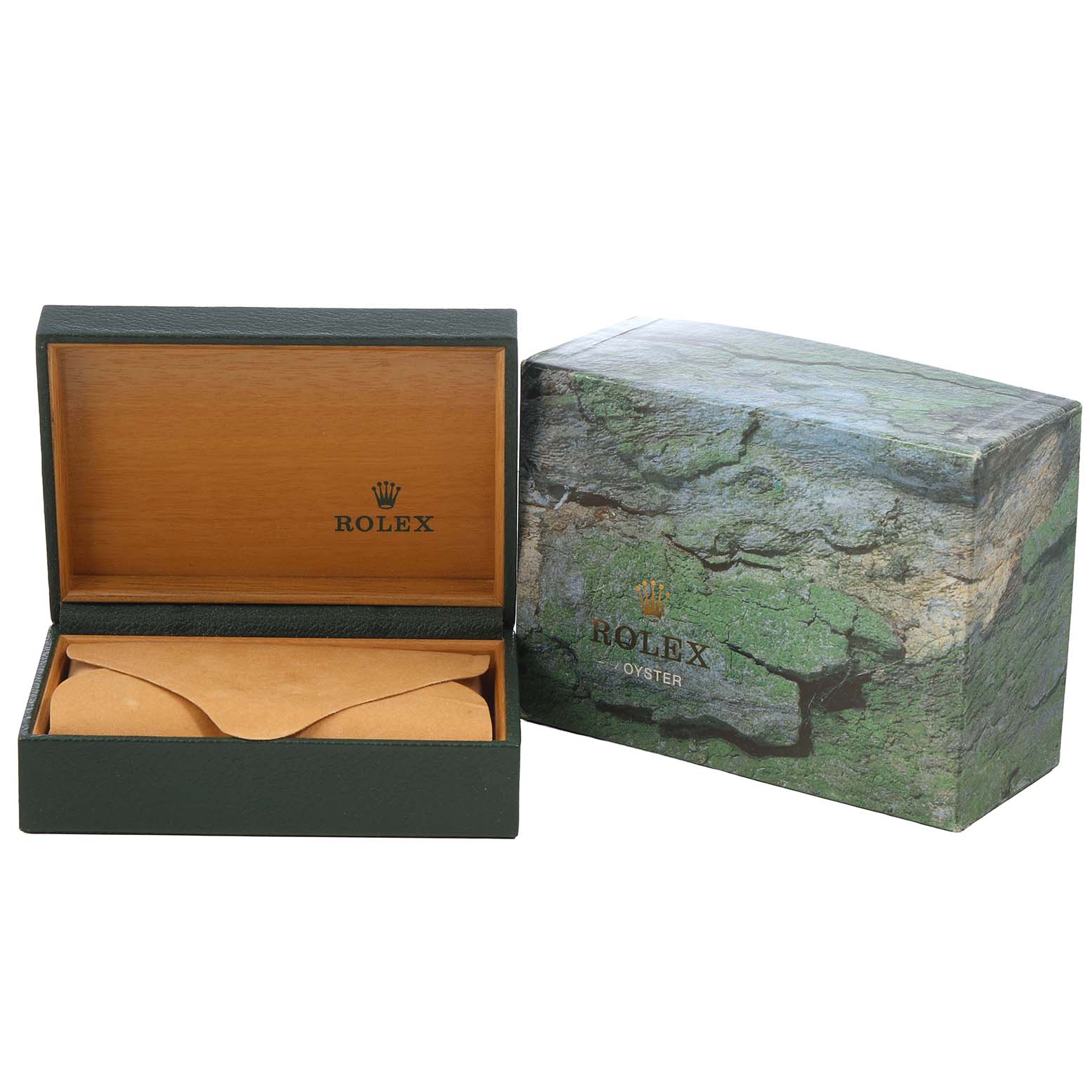 The image shows a Rolex Submariner 16613 Men's Steel and Gold (two tone) Champagne Dial watch box, open to reveal its interior, alongside its outer packaging.