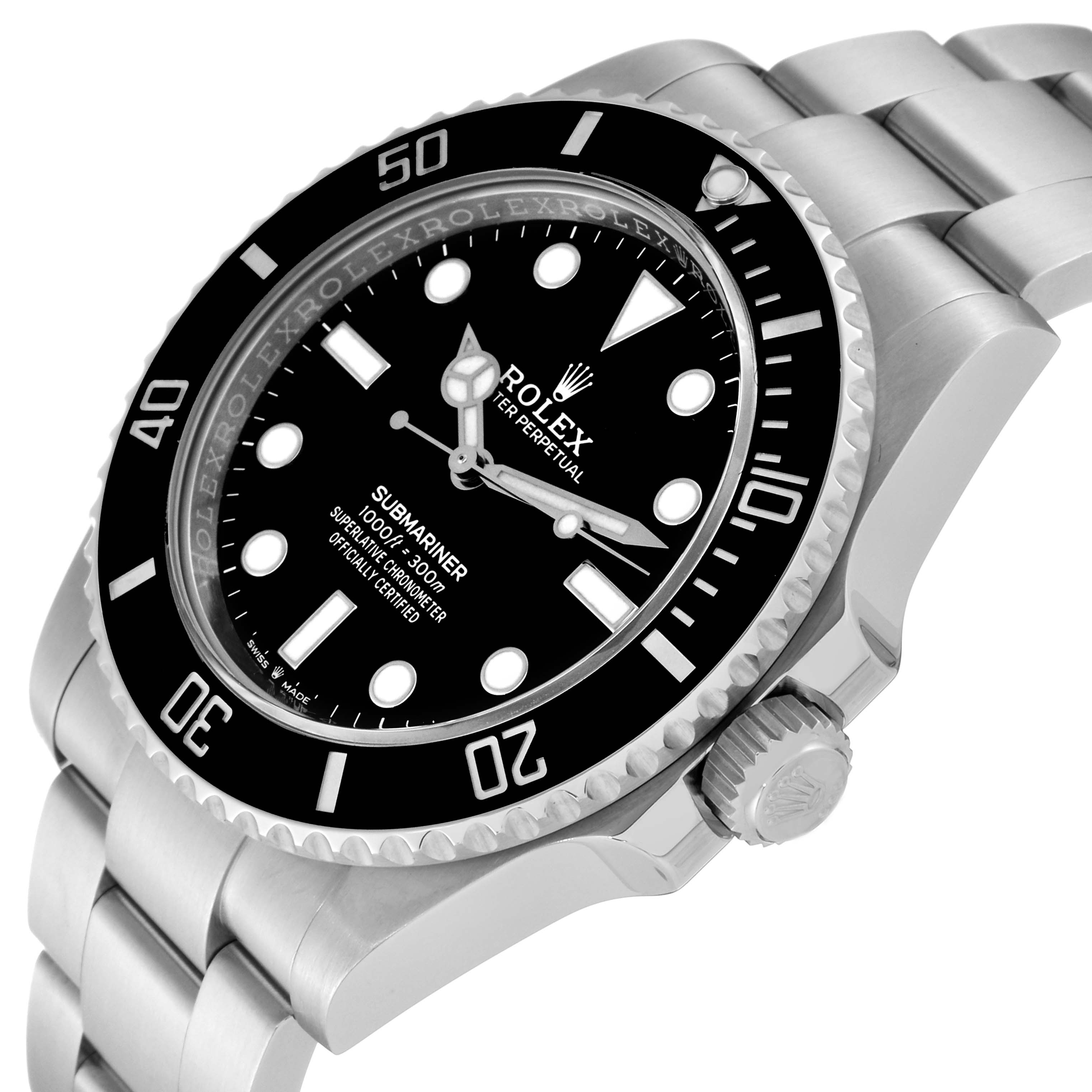 The image shows a Rolex Submariner 124060 Men's Stainless Steel Black Dial 124060 Men's Stainless Steel Black Dial watch at a slight diagonal angle, highlighting the dial, bezel, crown, and bracelet.