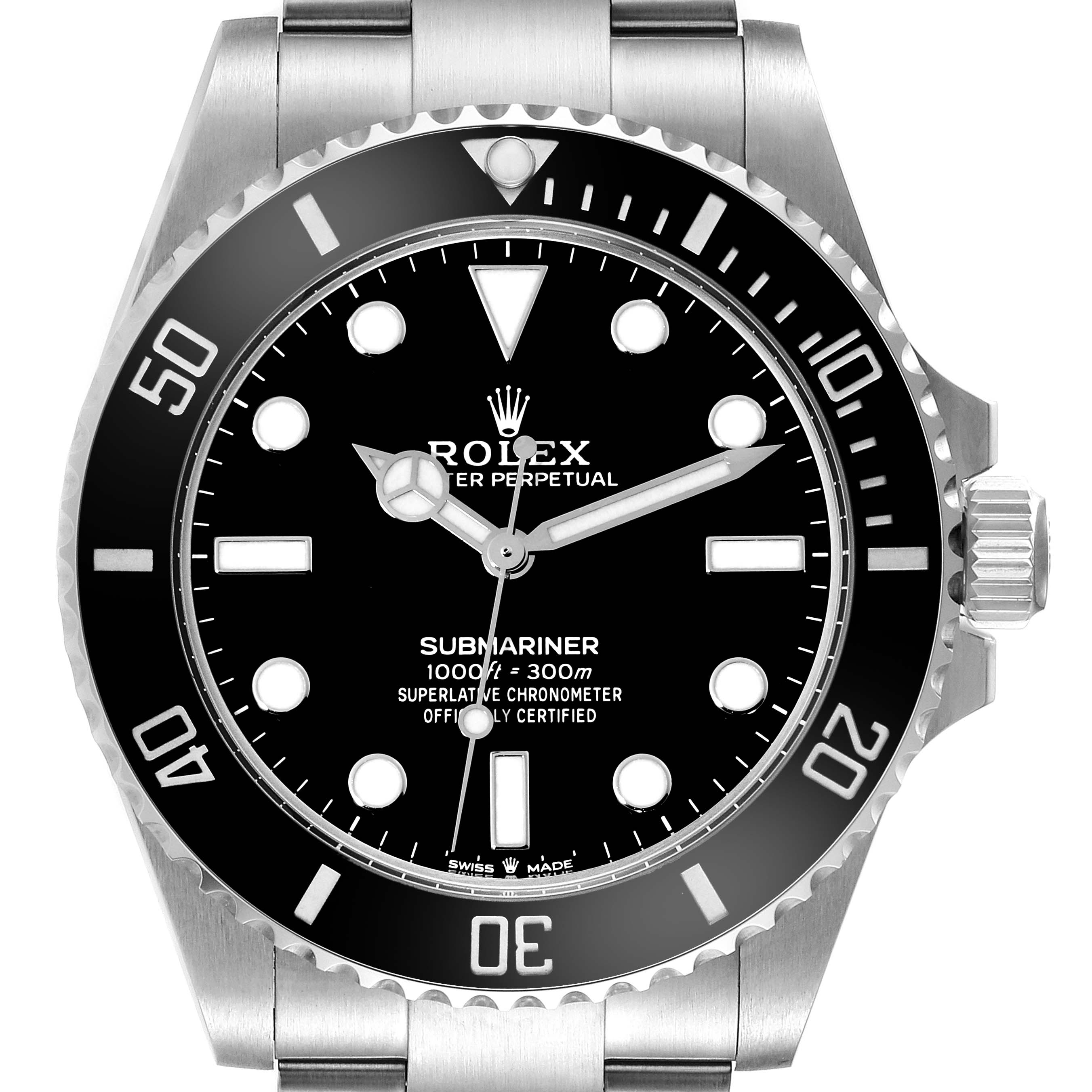 The image shows a front view of a Rolex Submariner 124060 Men's Stainless Steel Black Dial 124060 Men's Stainless Steel Black Dial watch, highlighting its bezel, dial, hour markers, and bracelet.