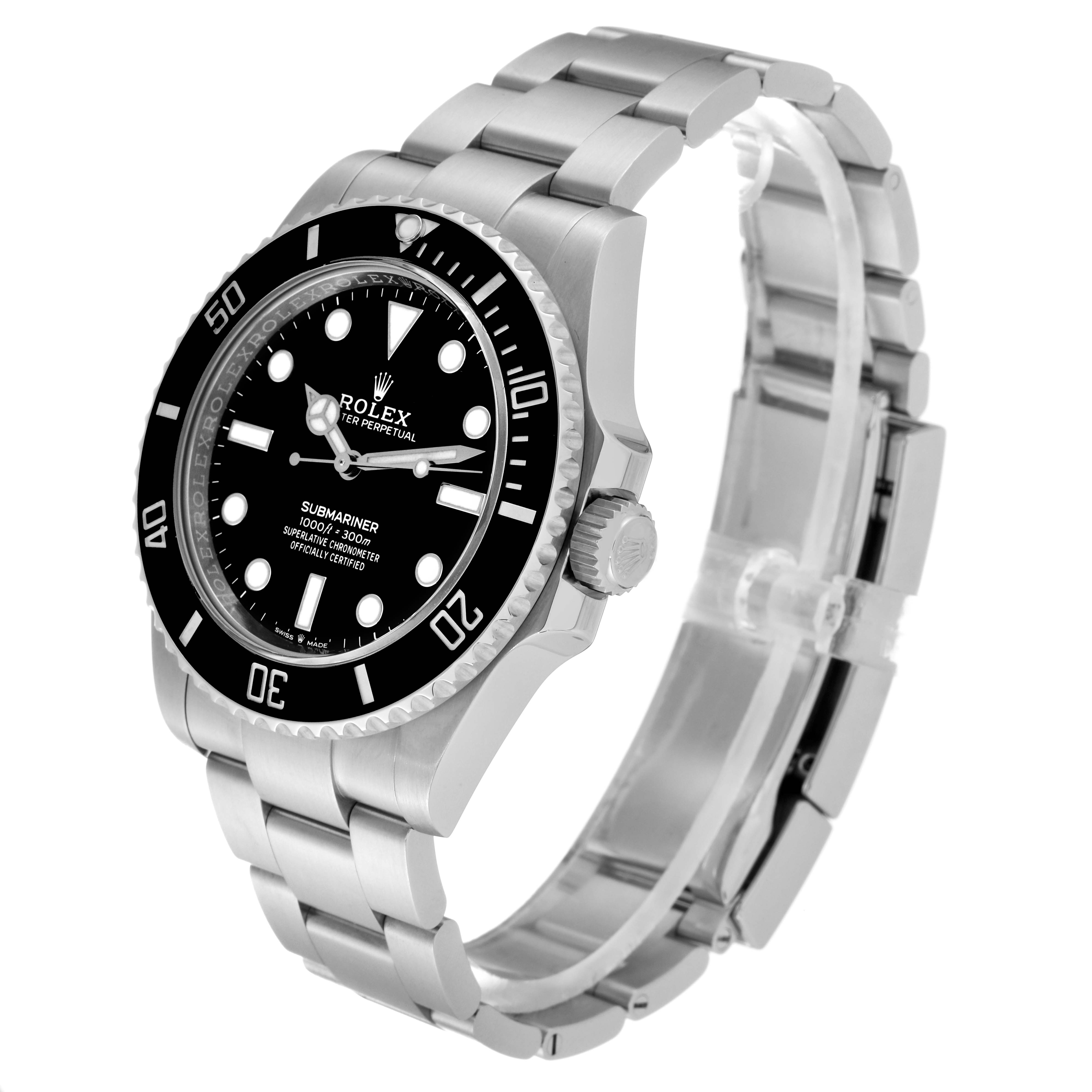The photo shows a Rolex Submariner 124060 Men's Stainless Steel Black Dial 124060 Men's Stainless Steel Black Dial watch at a three-quarter angle, highlighting the bezel, dial, crown, and bracelet.