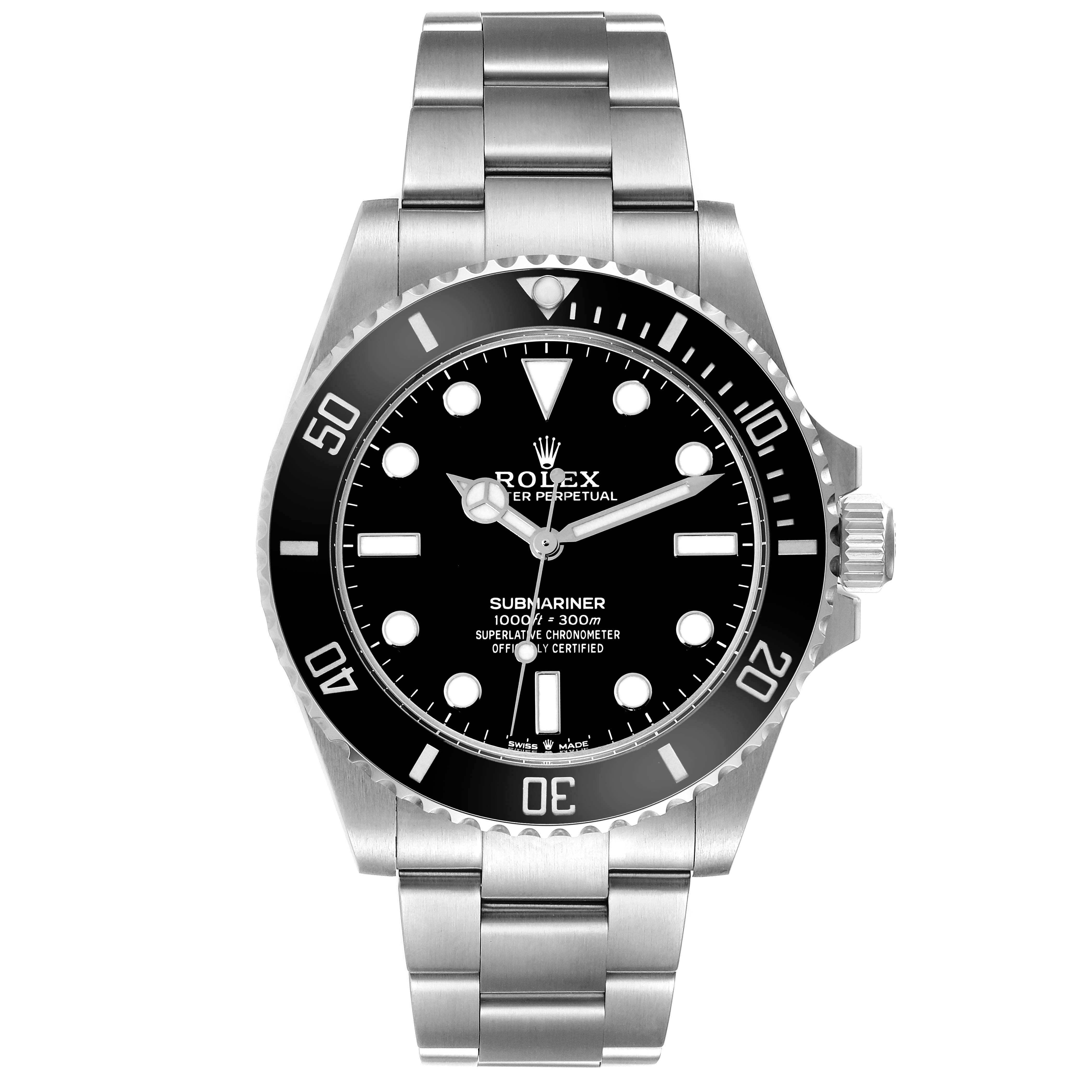 This is a front view of the Rolex Submariner 124060 Men's Stainless Steel Black Dial 124060 Men's Stainless Steel Black Dial watch, showcasing its dial, bezel, and stainless steel bracelet.