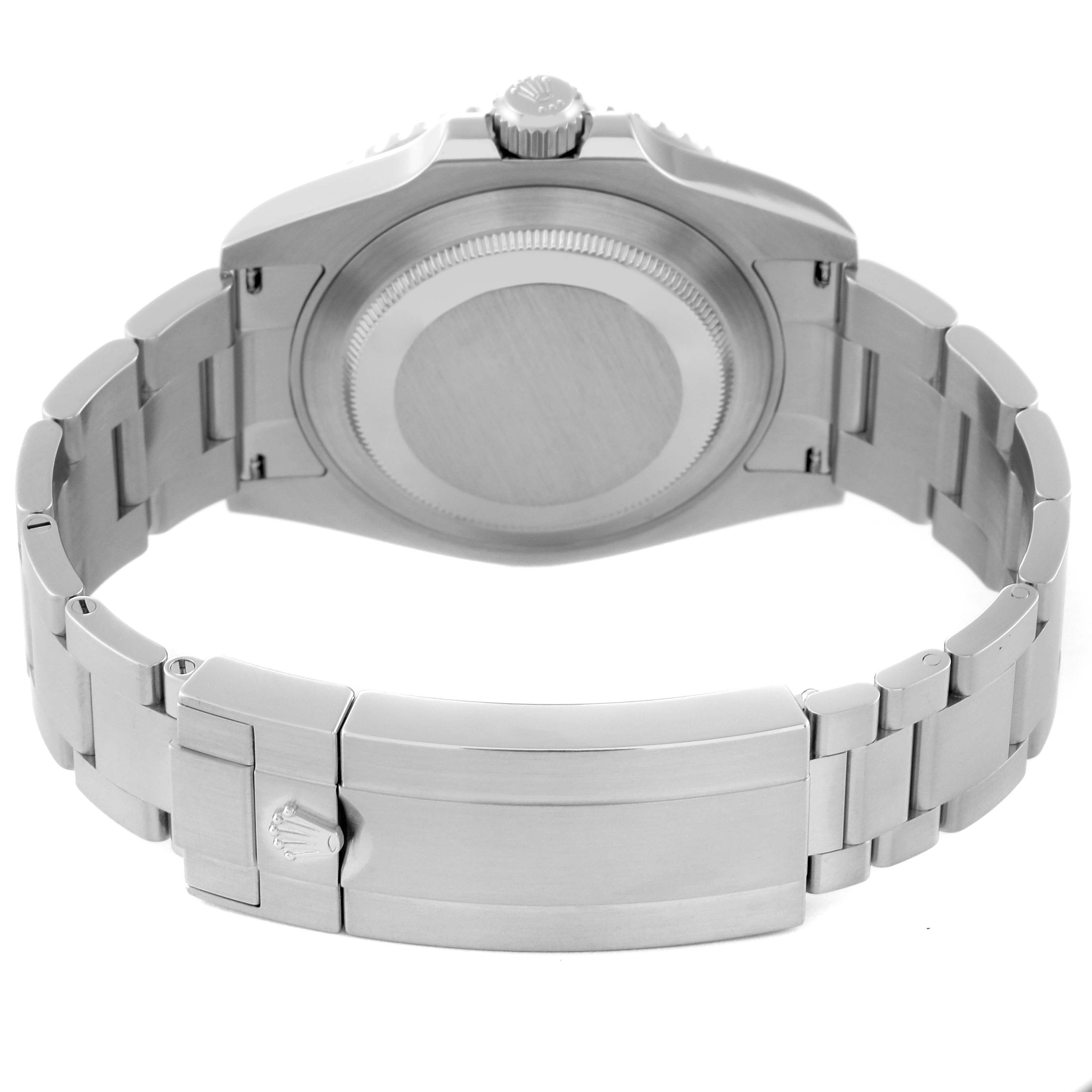 This image shows the back of the Rolex Submariner 124060 Men's Stainless Steel Black Dial 124060 Men's Stainless Steel Black Dial watch and its bracelet, including the clasp and case back.