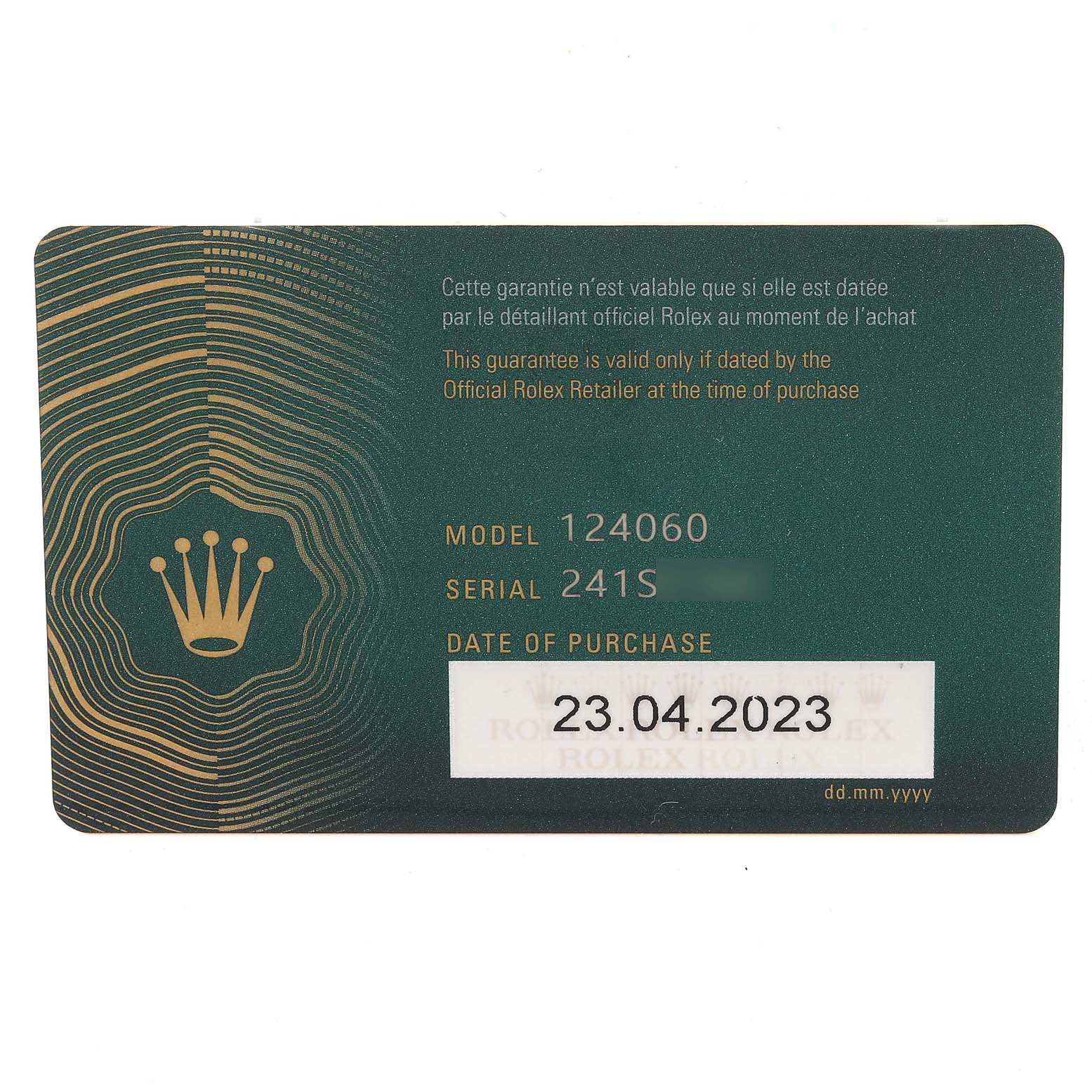 This is a Rolex Submariner 124060 Men's Stainless Steel Black Dial 124060 Men's Stainless Steel Black Dial model 124060 warranty card showing the serial number and date of purchase.